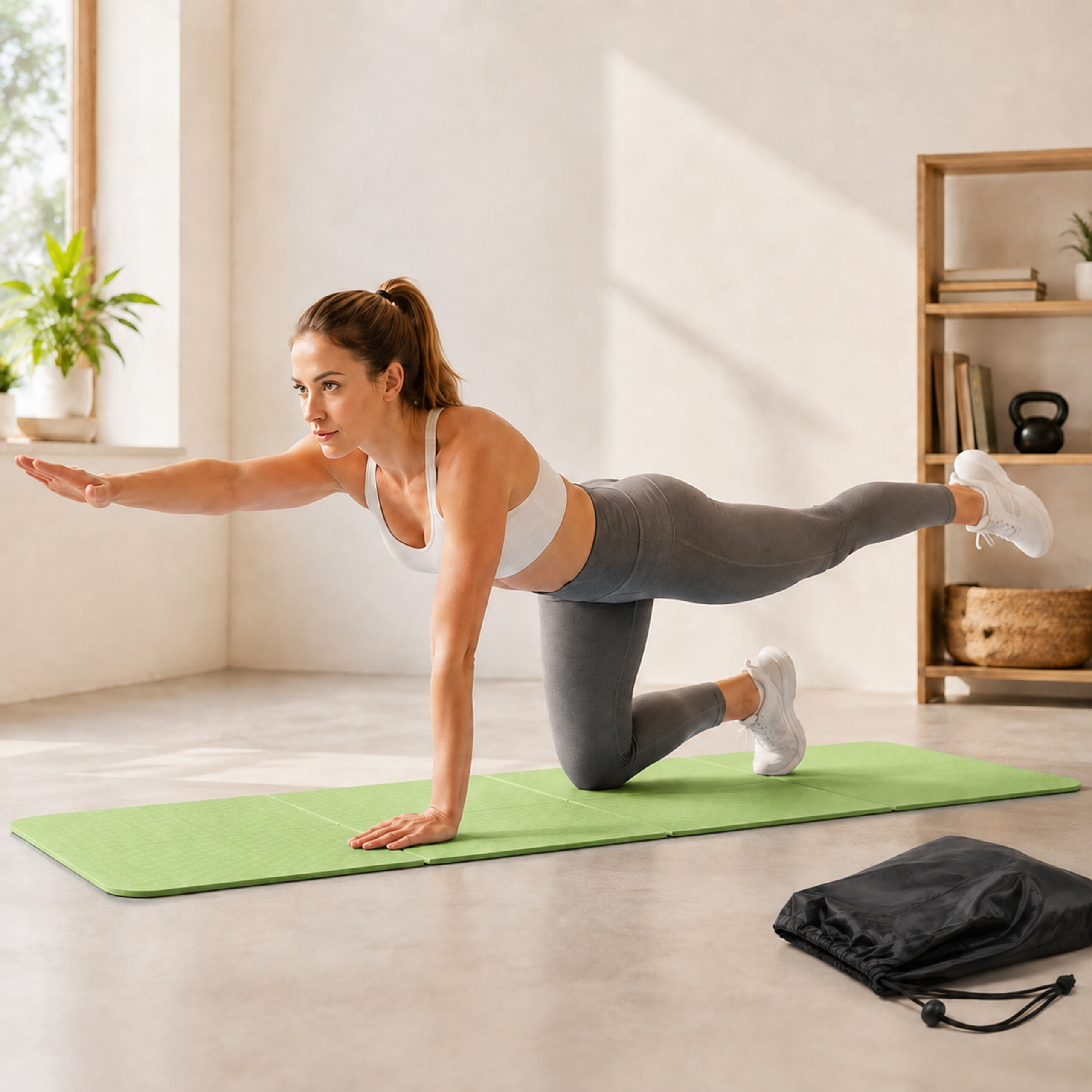 Eine Frau in weißem Oberteil und grauen Leggings balanciert auf einer grünen Gymnastikmatte und streckt Arm und Bein.