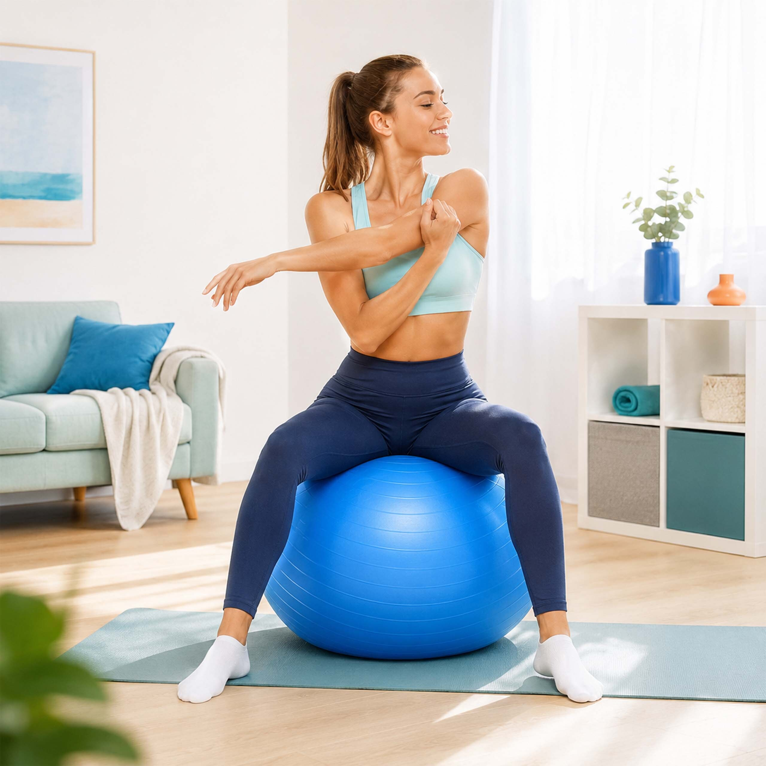 Eine Frau in Sportkleidung sitzt auf einem blauen Gymnastikball im Wohnzimmer und macht Dehnübungen.