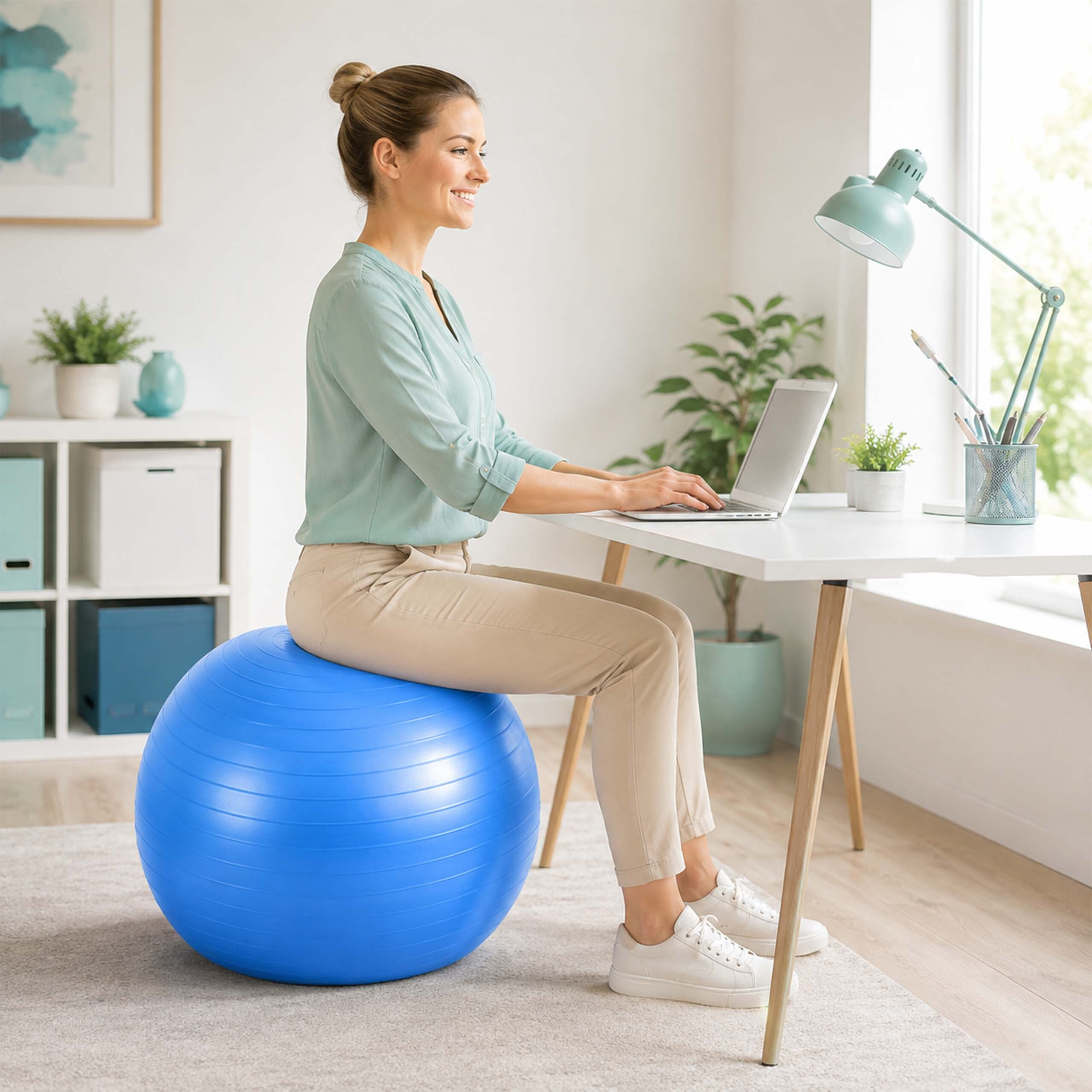 Eine blonde Frau sitzt auf einem blauen Gymnastikball und tippt auf einem Laptop an einem weißen Schreibtisch.