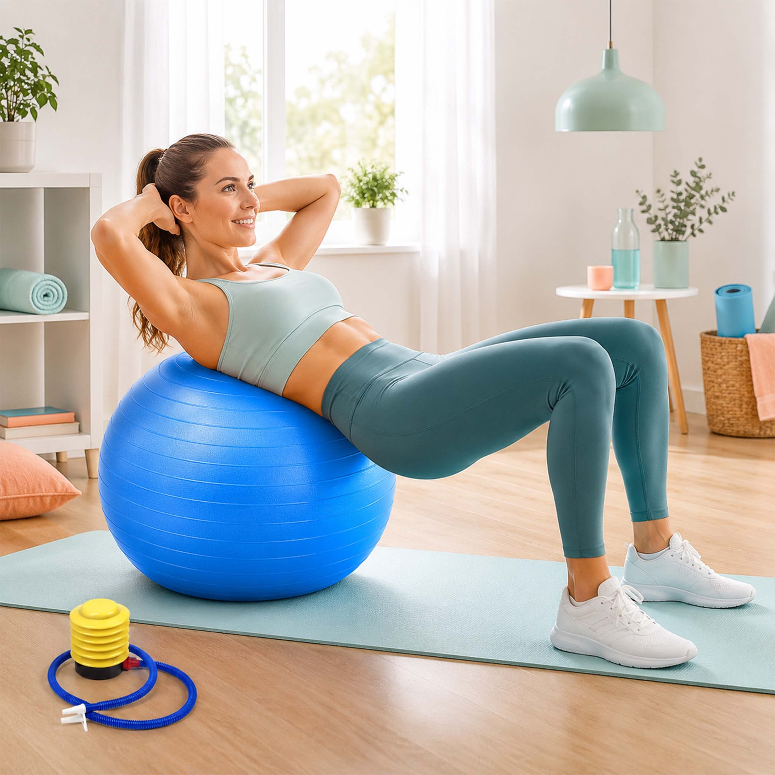 Eine Frau in Sportkleidung macht Crunches auf einem blauen Gymnastikball im hellen Raum.
