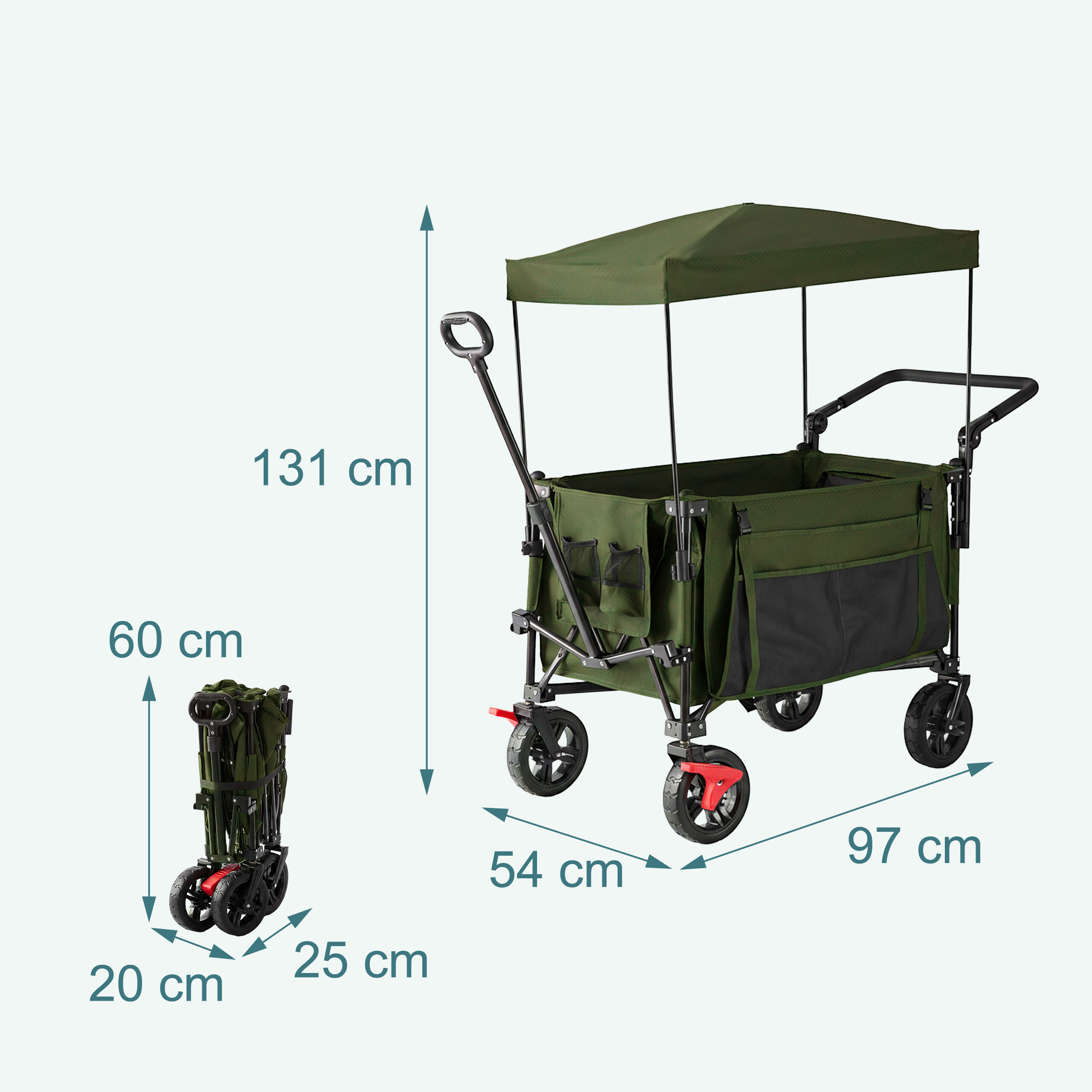 Grüner Klappbollerwagen mit Dach und Maßen: 97x54x131 cm geöffnet, 20x25x60 cm gefaltet.