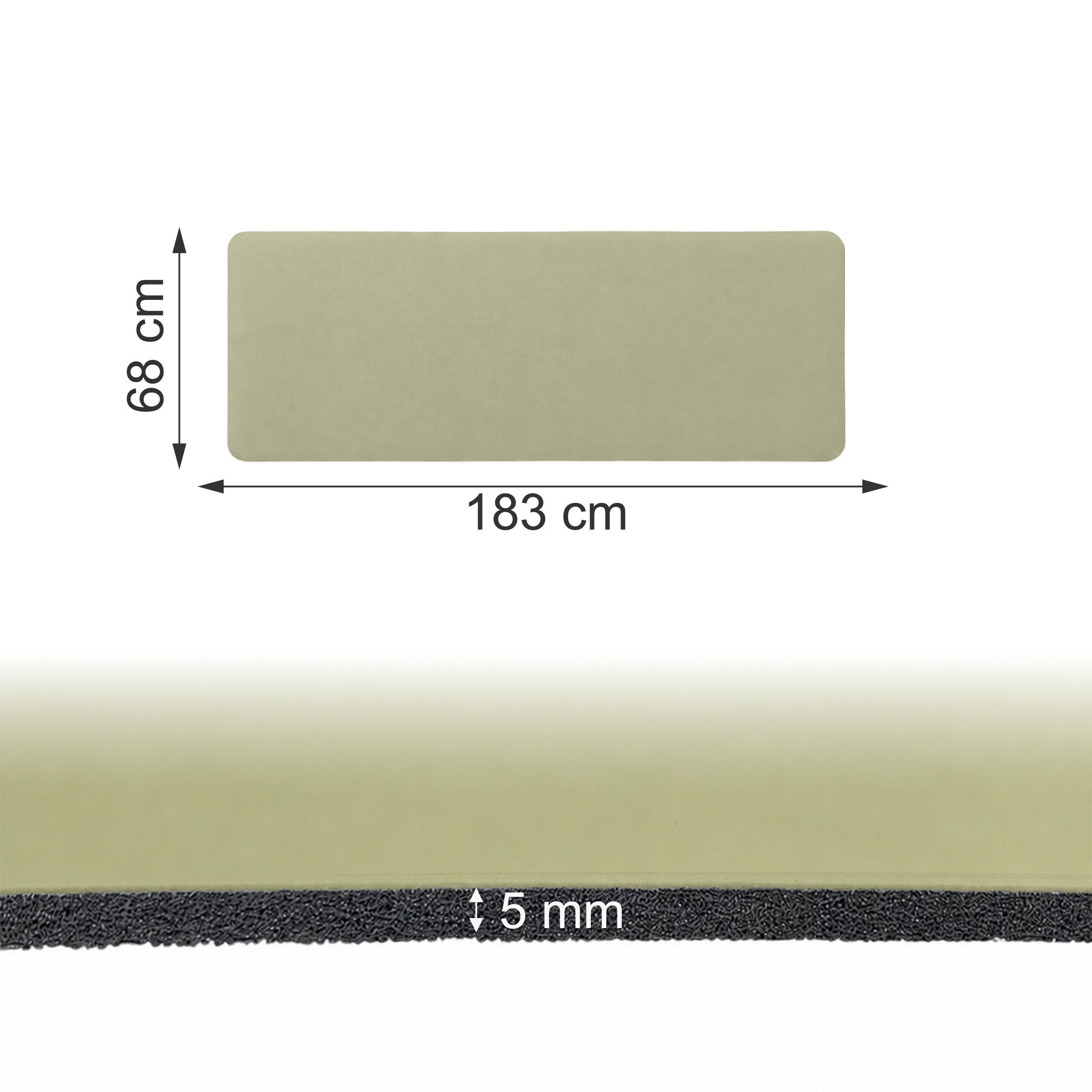 Diagramm zeigt eine grüne Matte mit 183x68 cm und 5 mm Dicke.