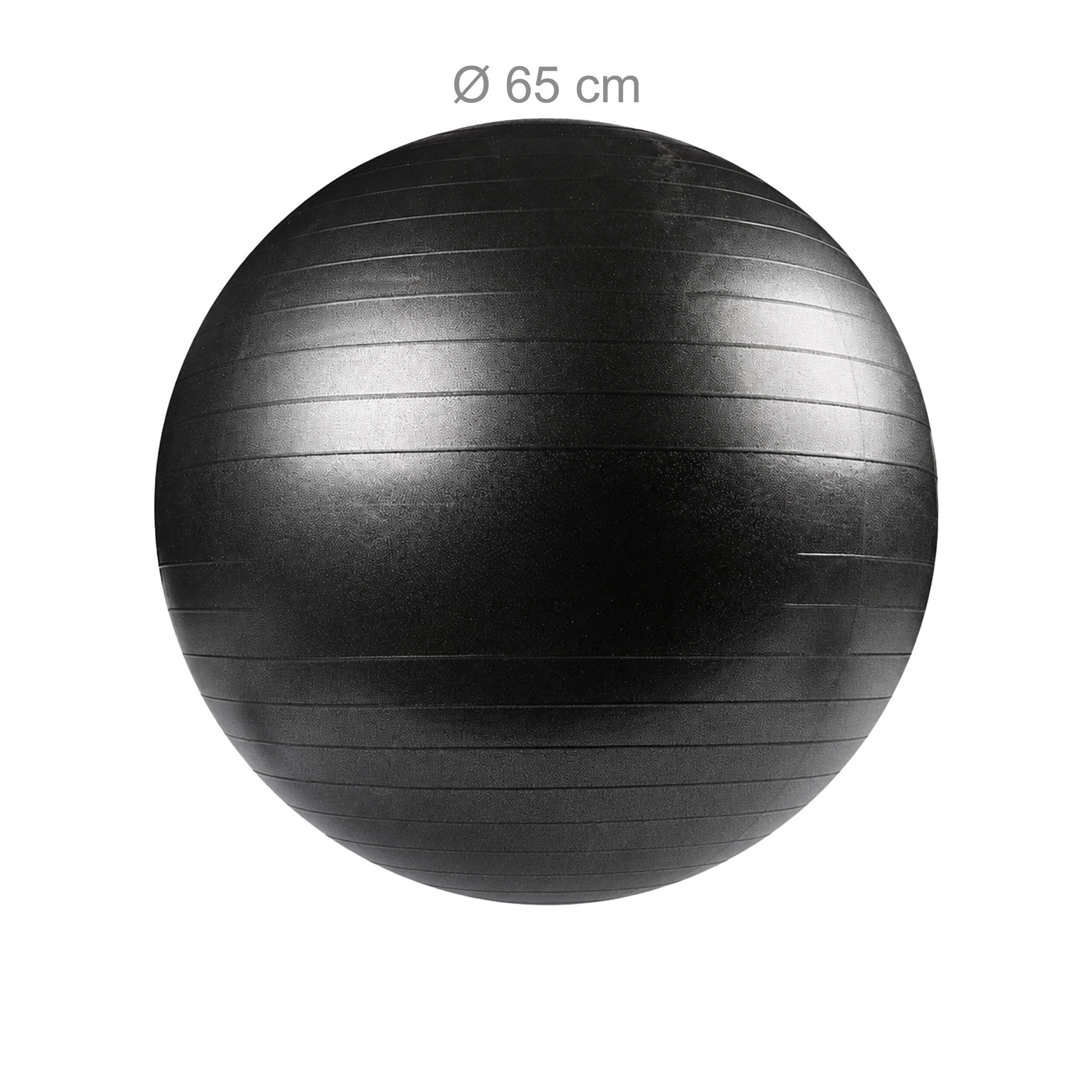 Ein großer schwarzer Gymnastikball mit 65 cm Durchmesser vor weißem Hintergrund.