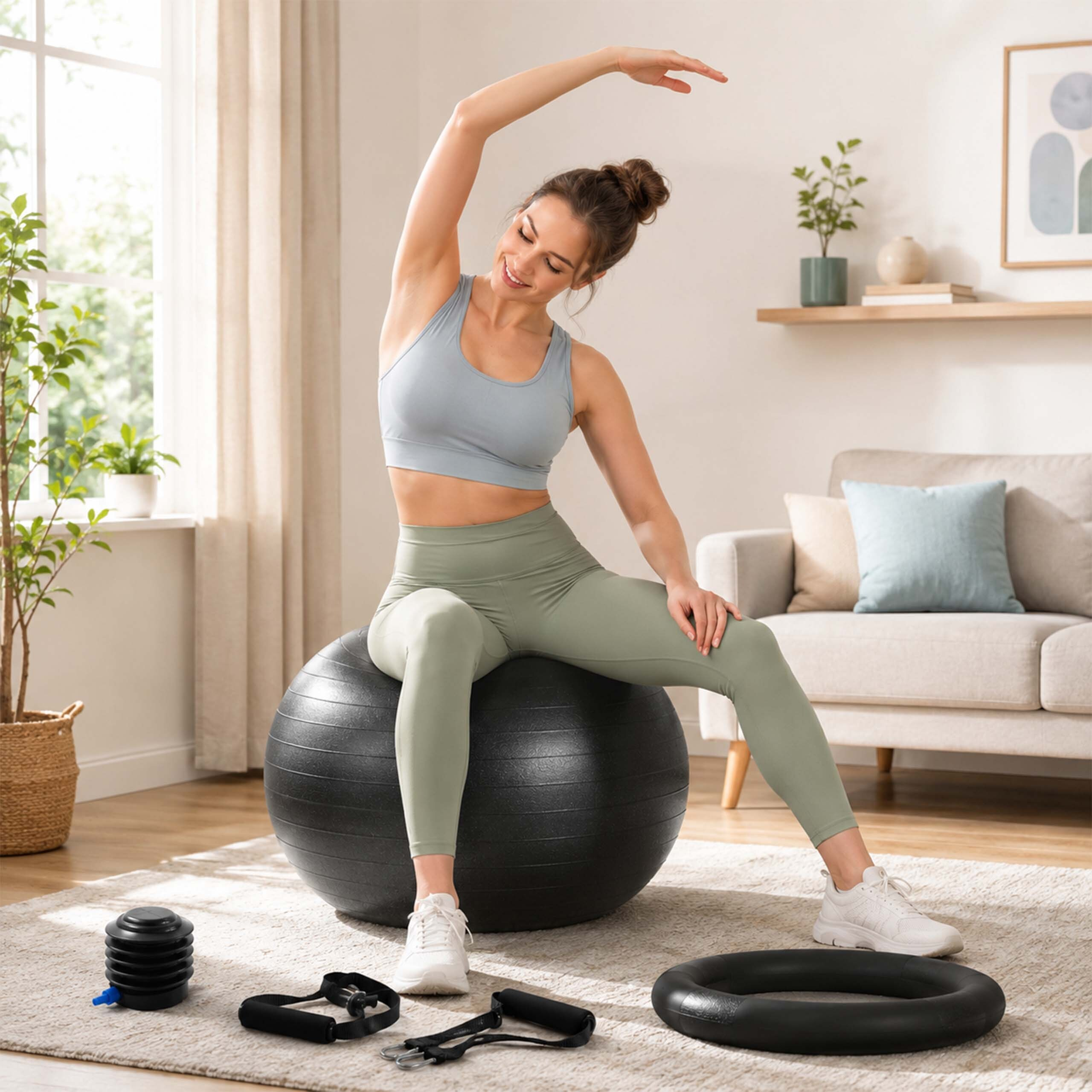 Eine Frau im Sportoutfit sitzt auf einem schwarzen Gymnastikball im Wohnzimmer und macht Dehnübungen.