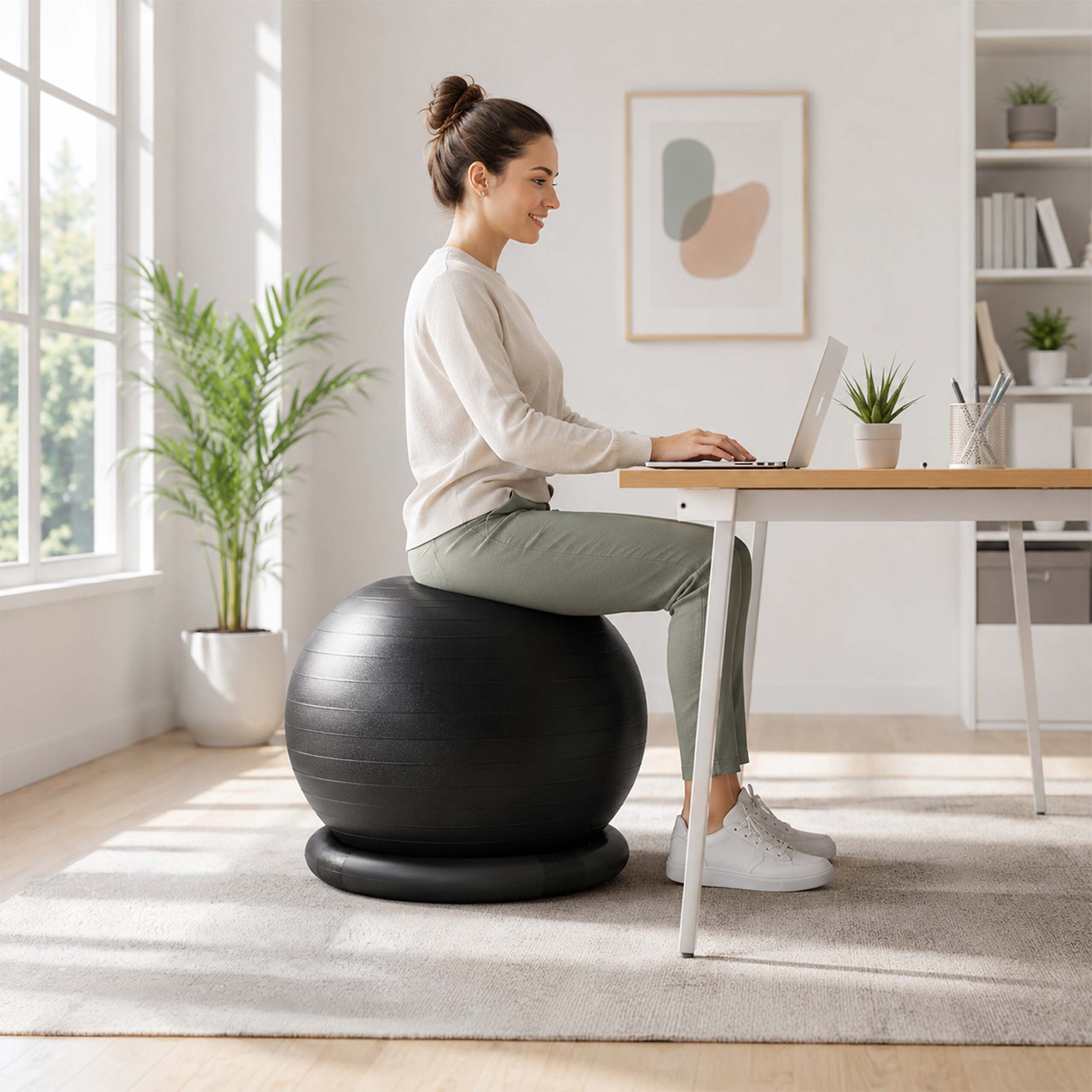 Eine Frau sitzt auf einem großen schwarzen Gymnastikball und tippt auf ihrem Laptop an einem Holztisch.