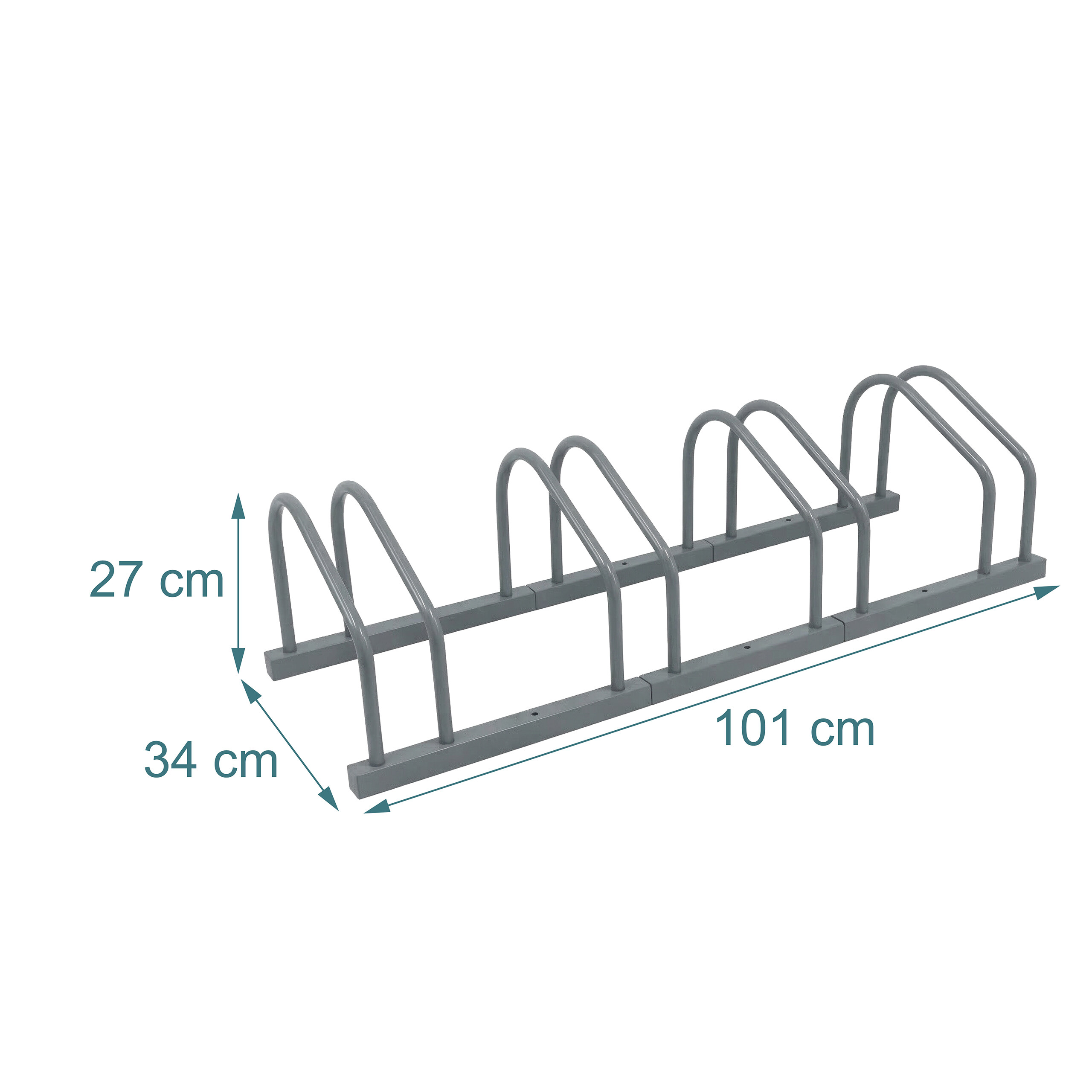 Grauer Metallfahrradständer mit Maßen: 27 cm Höhe, 34 cm Breite, 101 cm Länge.