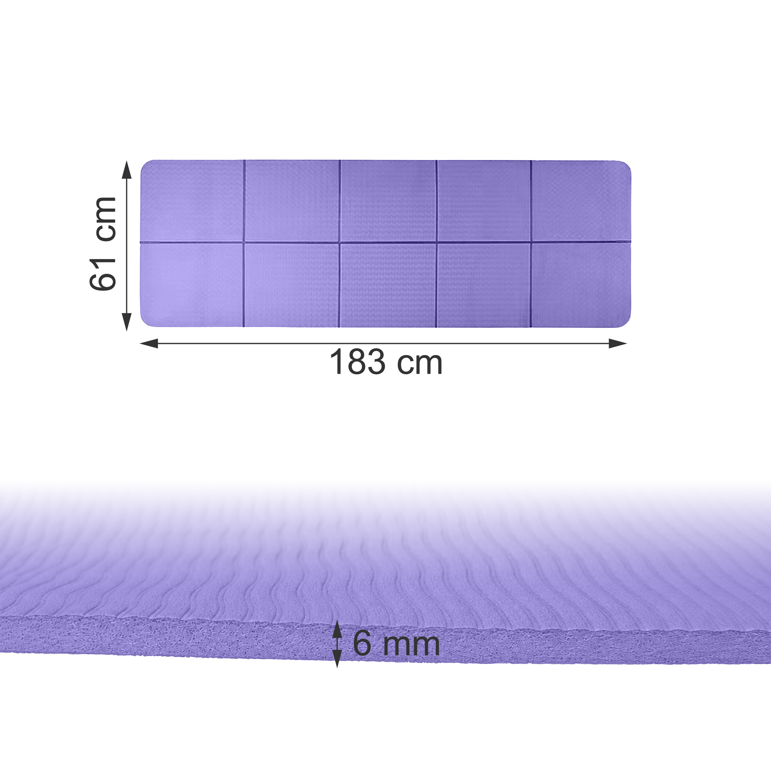 Lila Yogamatte mit Maßen: 183 cm lang, 61 cm breit und 6 mm dick.