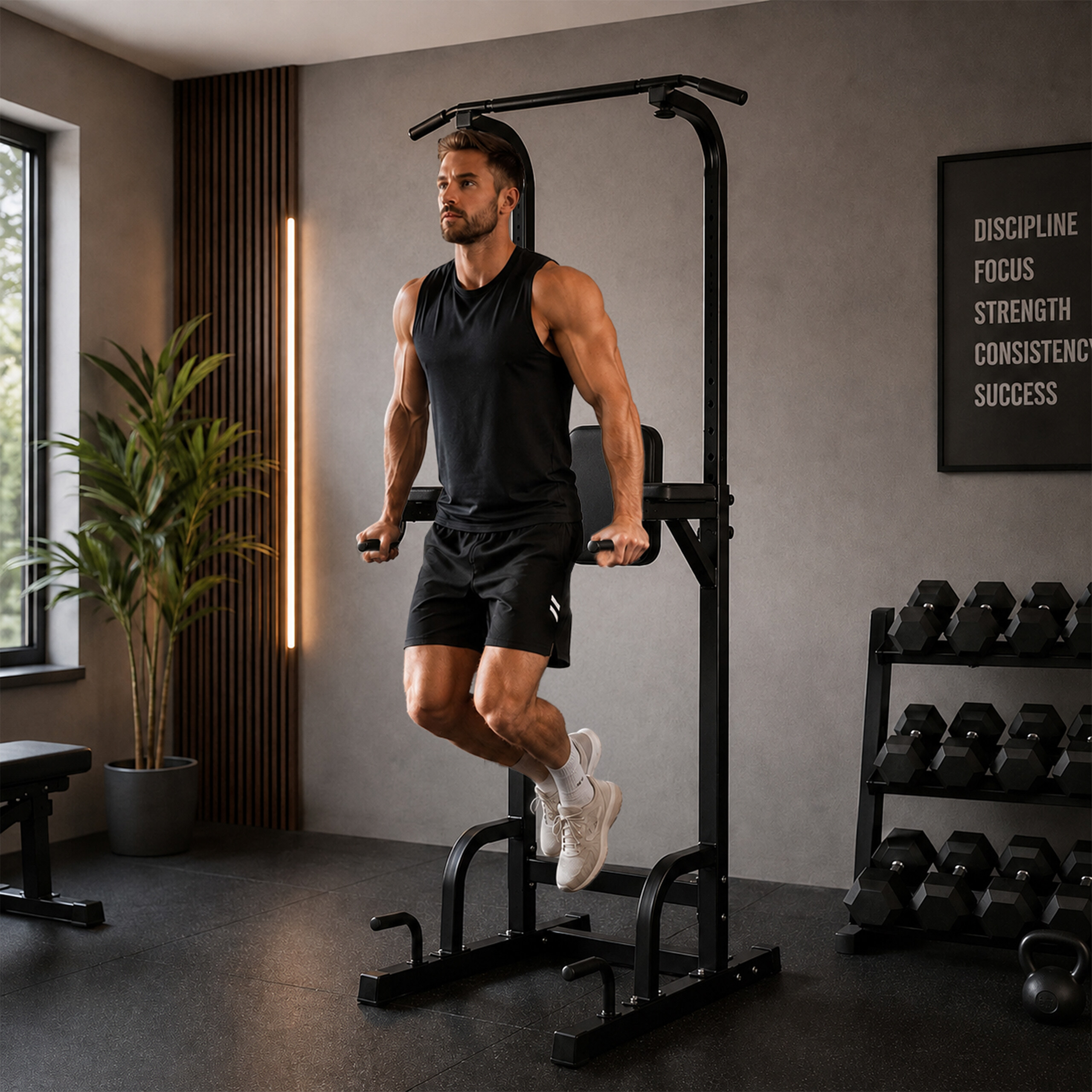 Ein athletischer Mann macht Dips an einer schwarzen Klimmzugstation in einem modernen Fitnessstudio.