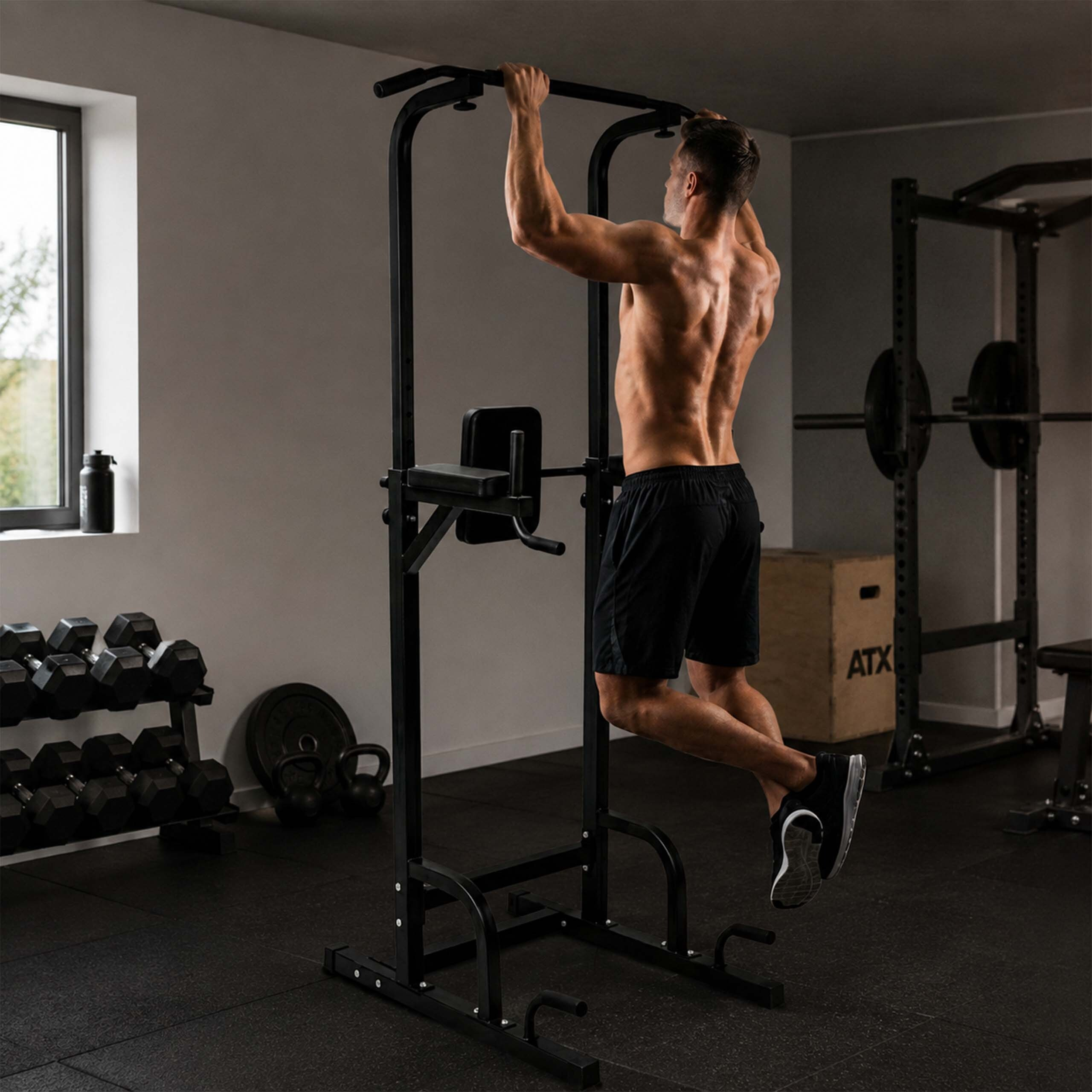 Ein oberkörperfreier Mann in schwarzen Shorts macht Klimmzüge an einem Turm im Fitnessstudio mit Gewichten.