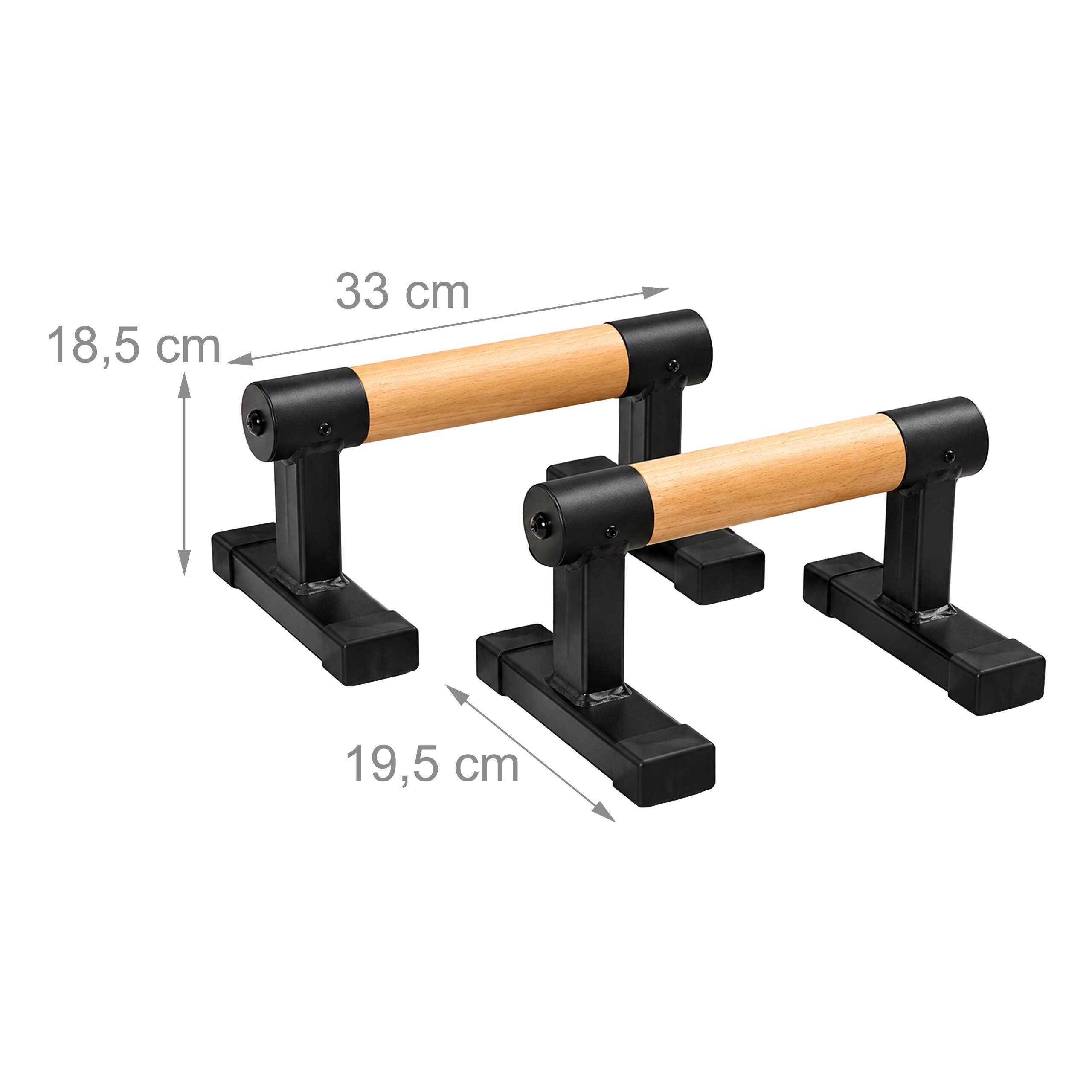 Zwei schwarze Liegestützgriffe mit Holzgriffen und Maßangaben in Zentimetern.