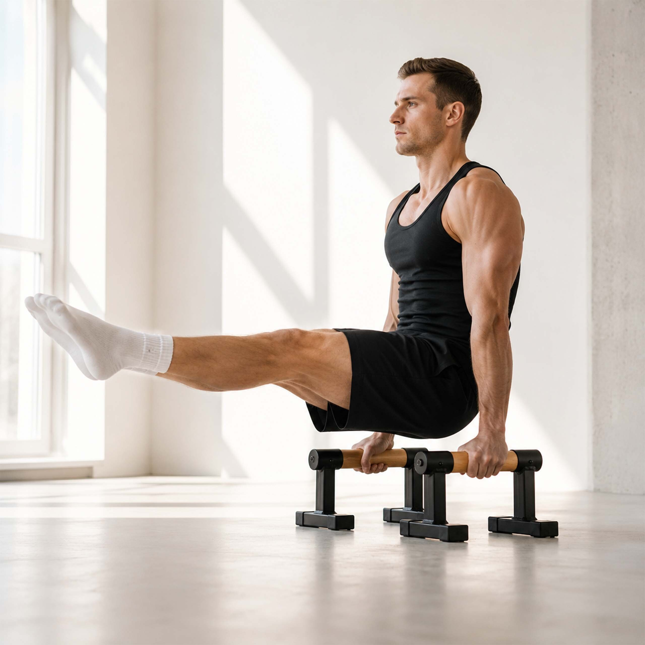 Ein Mann im schwarzen Tanktop hebt seinen Körper auf Parallettes in einem hellen Raum.