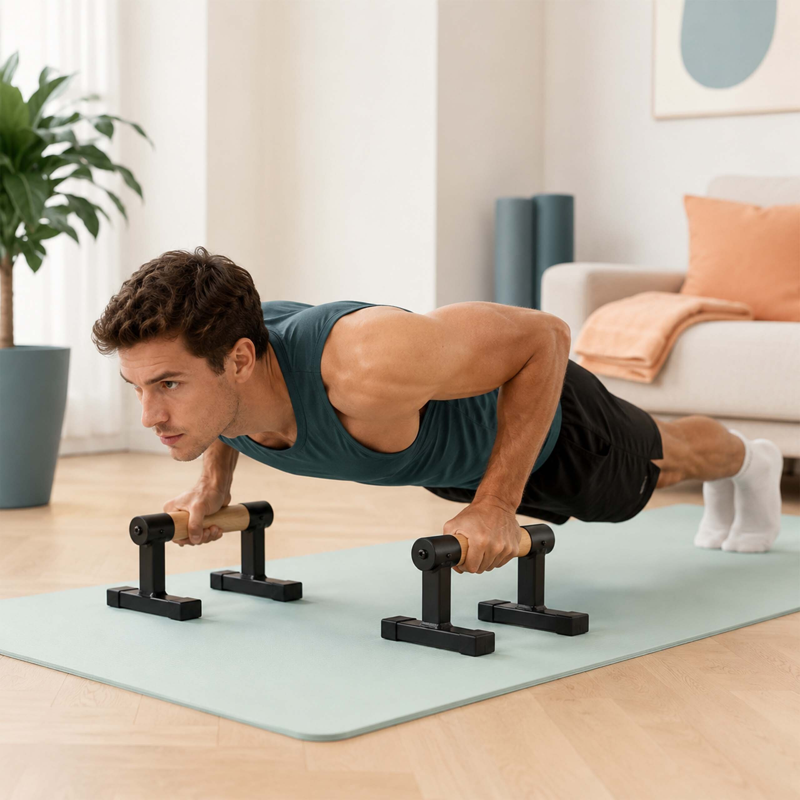 Ein Mann in Sportkleidung macht Liegestütze auf Push-up-Griffen und einer Matte in einem hellen Raum.