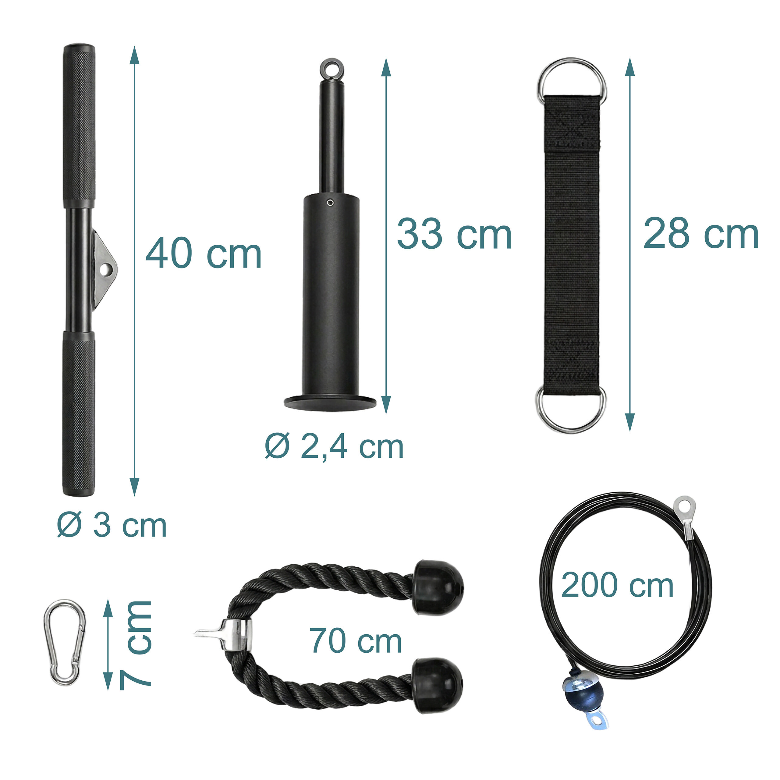 Fitness-Zubehörteile auf weißem Hintergrund mit Maßangaben für Griffe, Seil und Karabiner.
