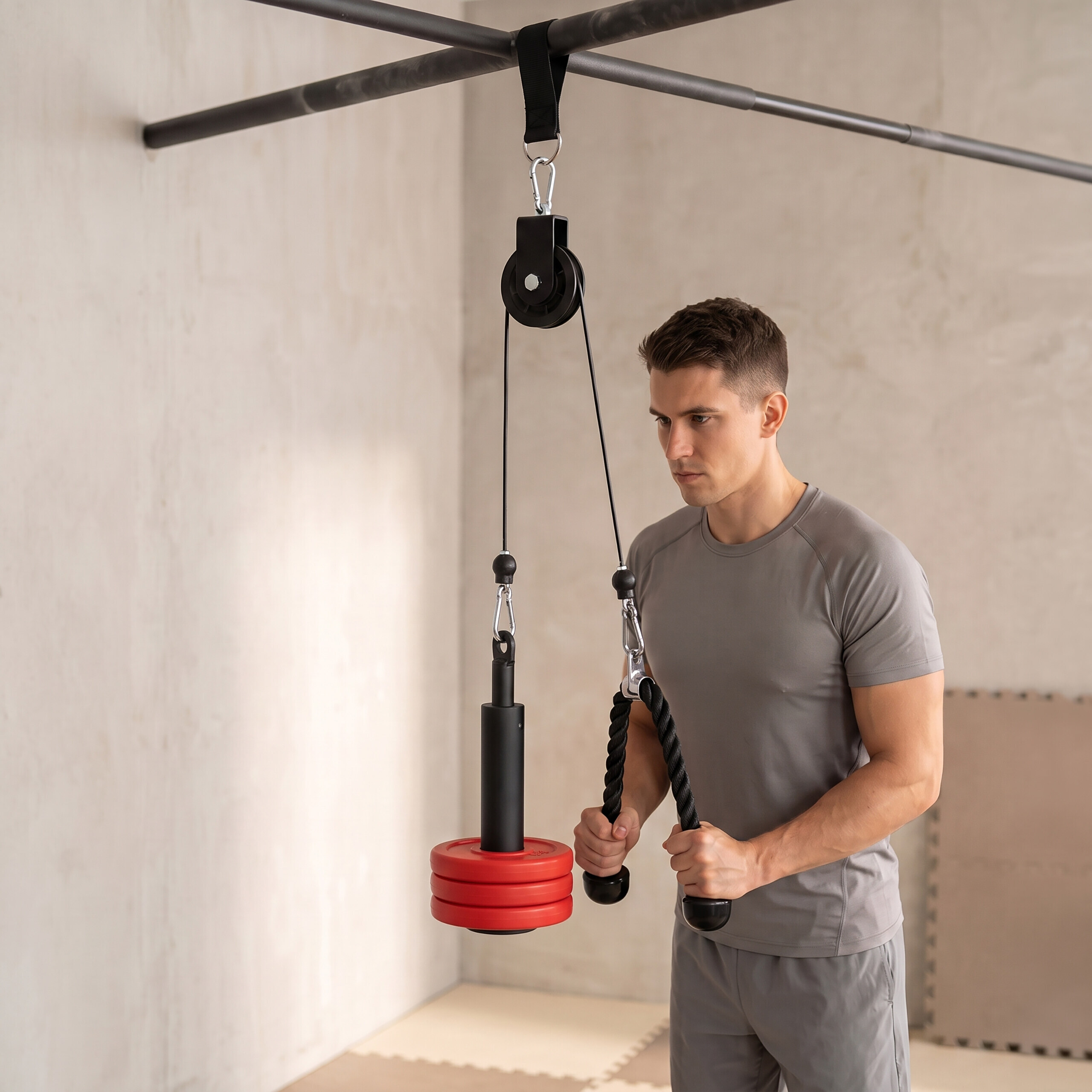 Mann in grauer Sportkleidung trainiert im Fitnessstudio mit einem Kabelzug und roten Gewichtsscheiben.