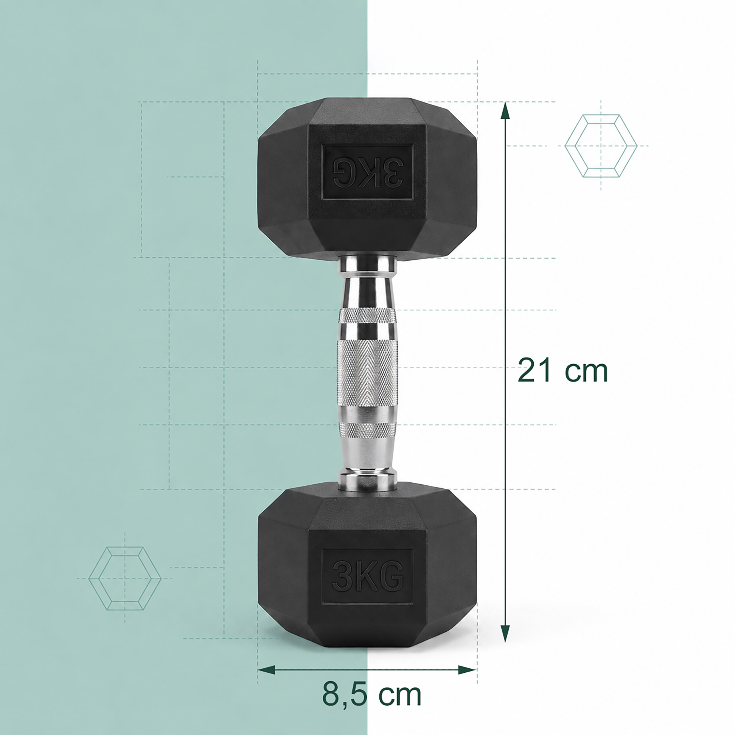 Eine schwarze 3 kg Hantel auf geteiltem Hintergrund mit grünen Maßangaben von 21 cm Höhe und 8,5 cm Breite.