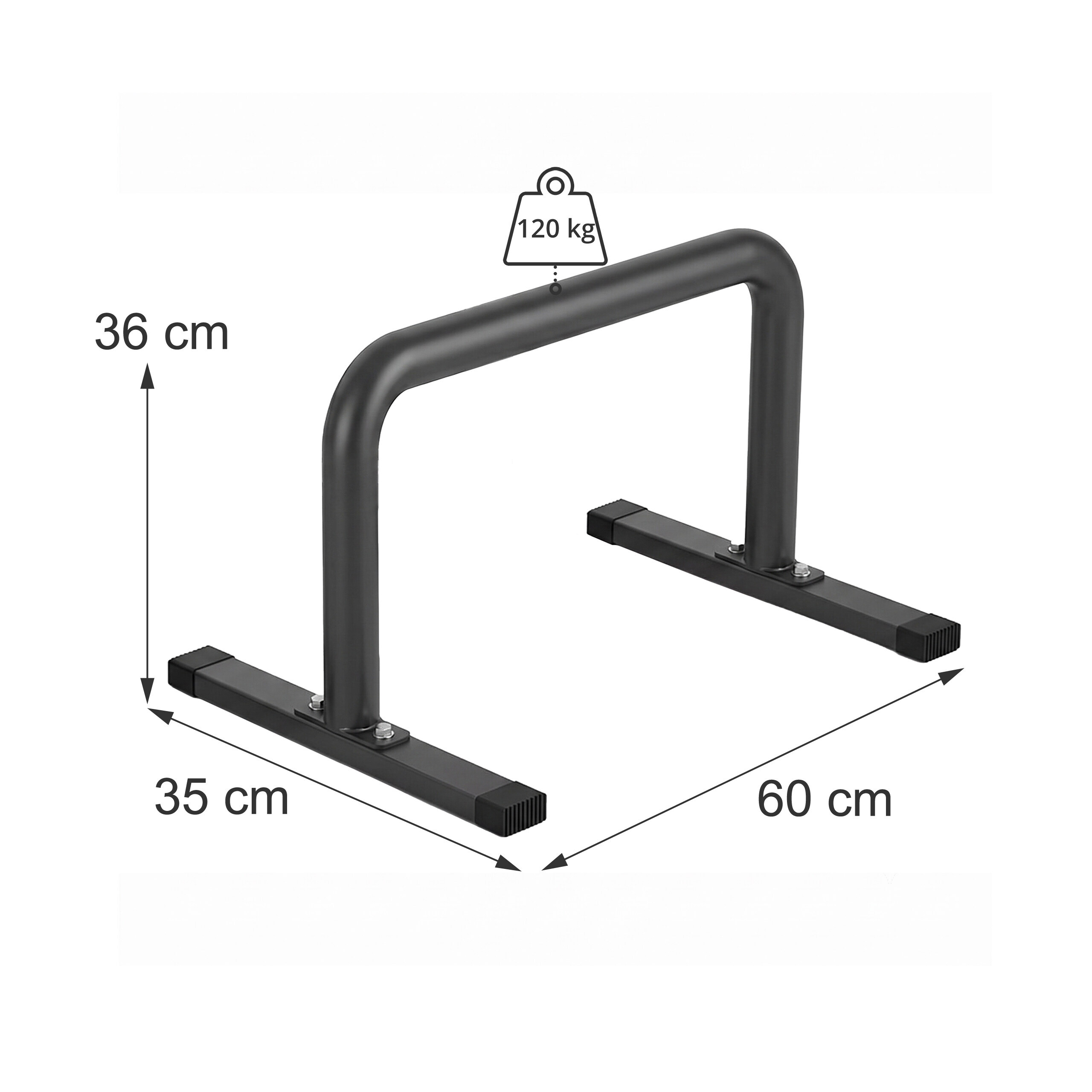 Eine schwarze Metall-Liegestützstange mit 36 cm Höhe, 35 cm Breite, 60 cm Länge und 120 kg Belastbarkeit.