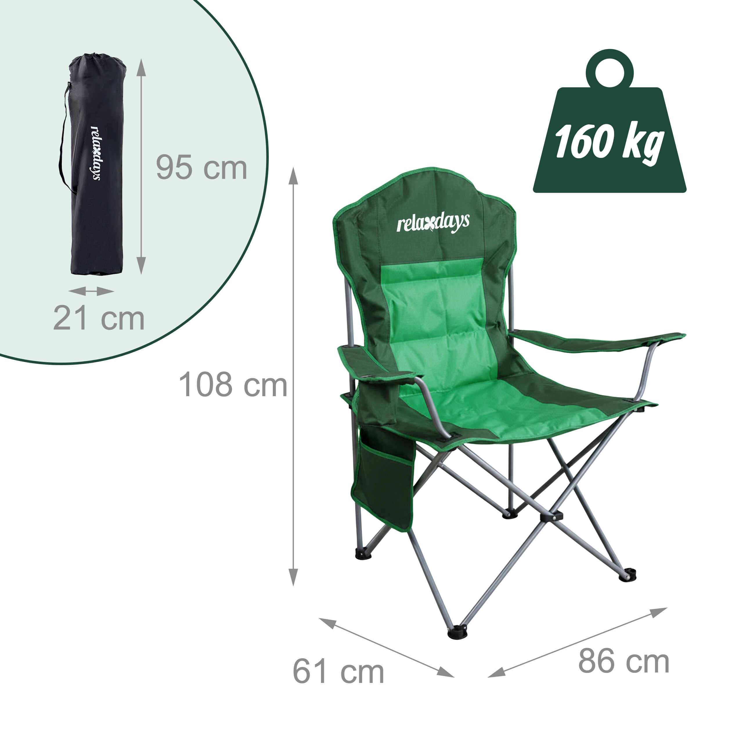 Grüner Klappstuhl mit Maßen, Tragetasche und 160 kg Gewichtslimit.