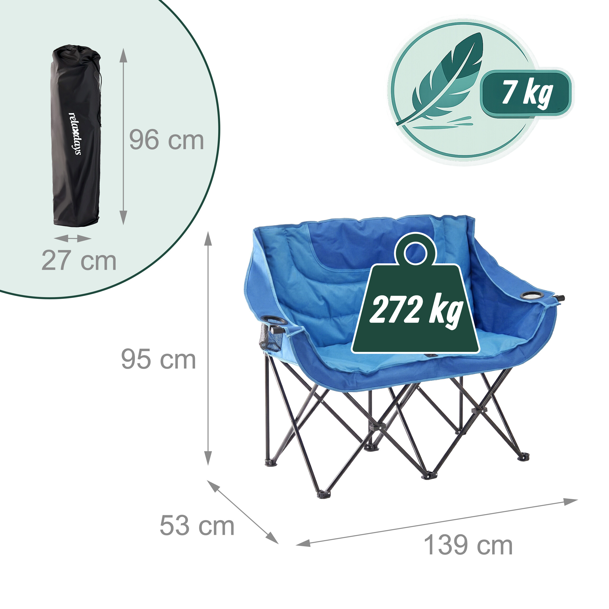 Blauer Klapp-Doppel-Campingstuhl mit Maßen, 272 kg Belastbarkeit und Tragetasche.