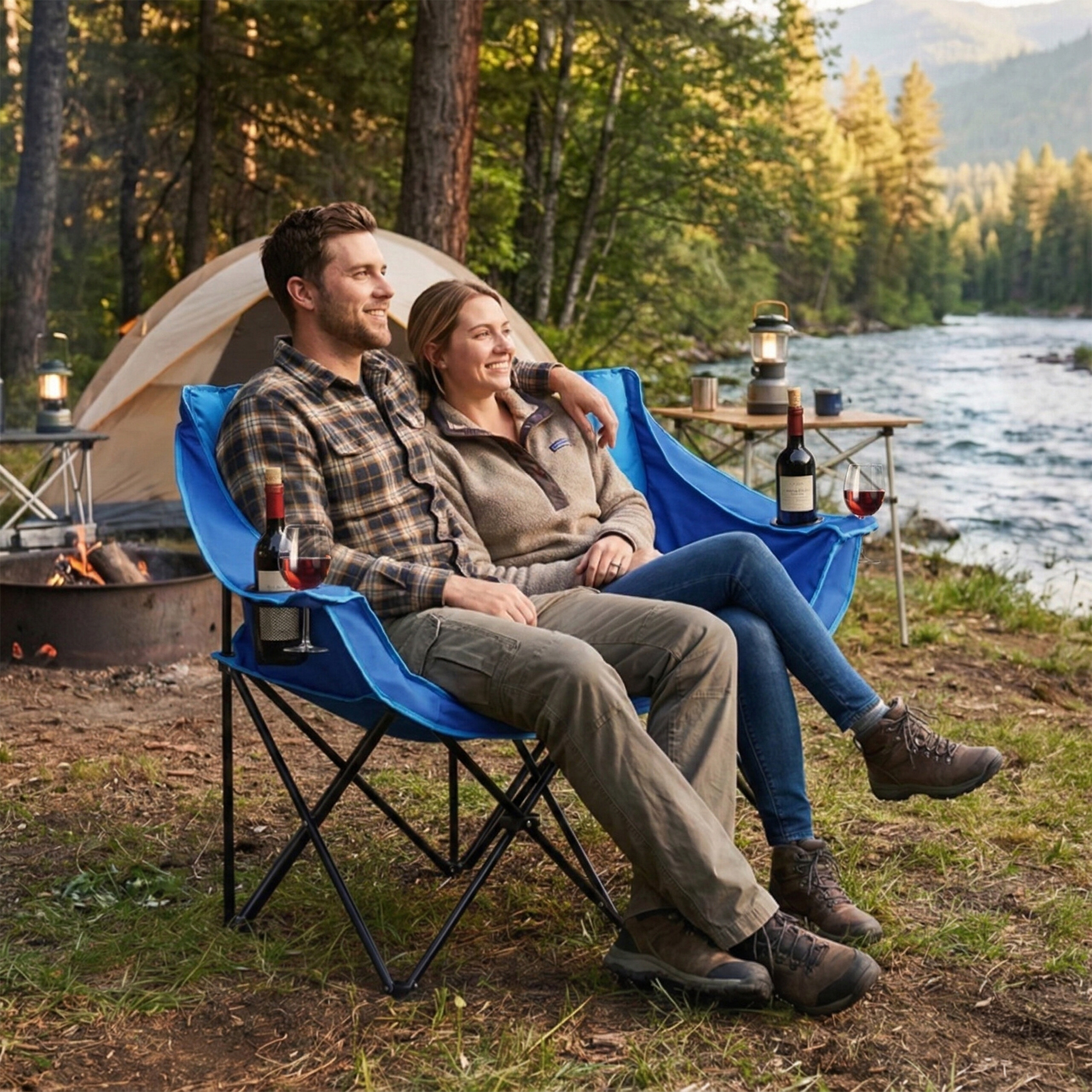 Ein Paar sitzt zusammen in einem blauen Campingstuhl an einem Fluss und Zelt und genießt Wein.