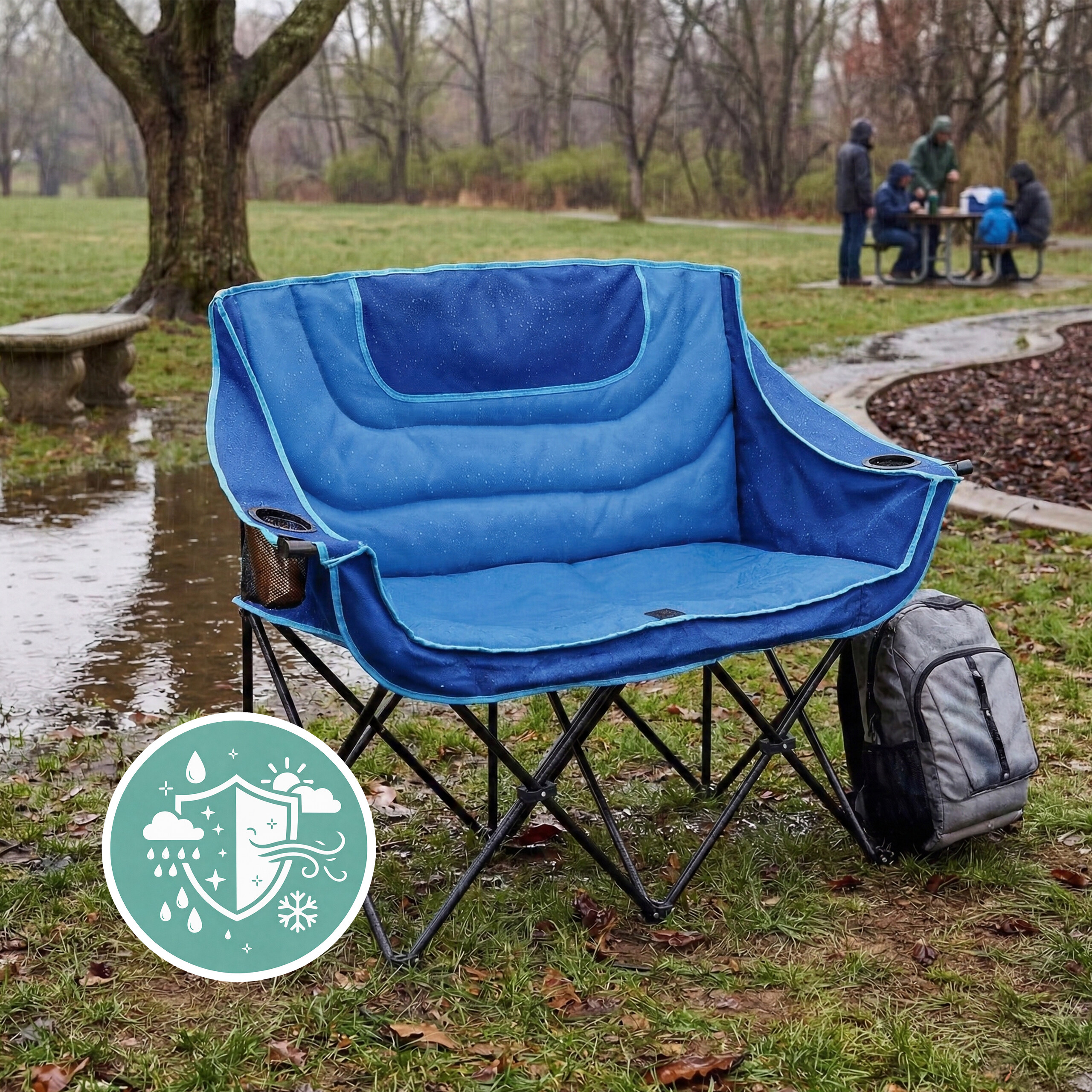 Ein blauer Campingstuhl steht im Gras bei Regen, daneben ein grauer Rucksack.