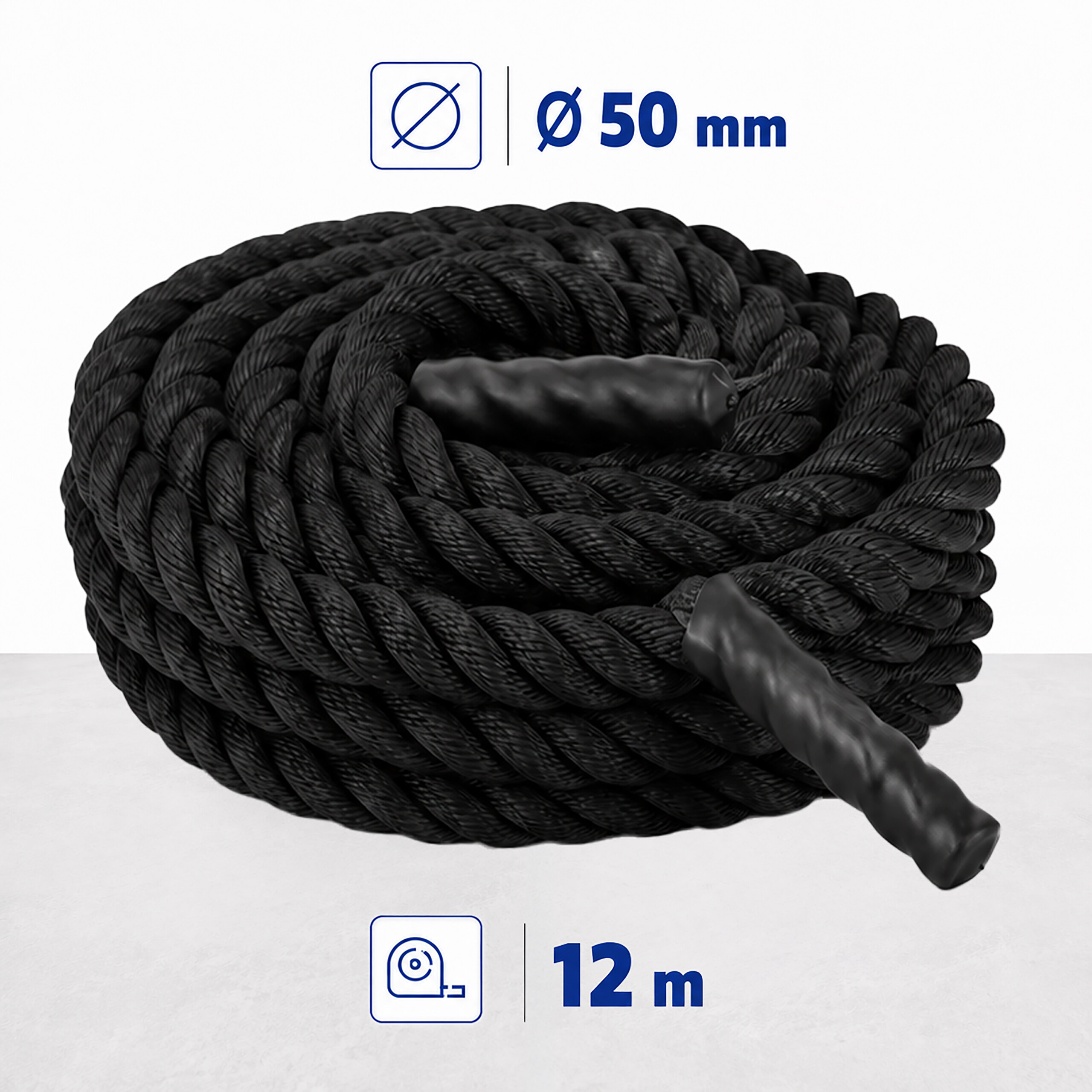 Aufgerolltes schwarzes Battle Rope mit einem Durchmesser von 50 mm und einer Länge von 12 m.