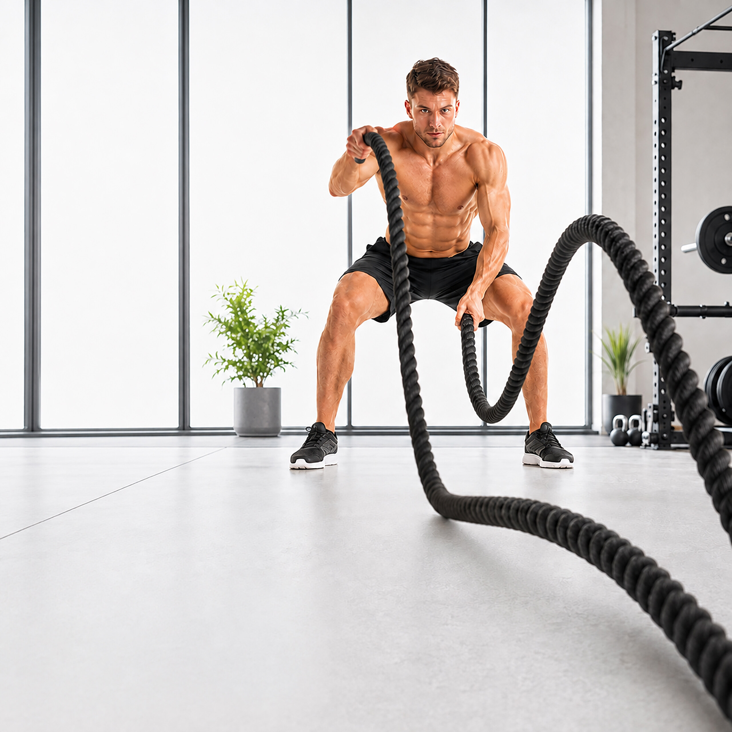 Ein muskulöser Mann trainiert in einem hellen Fitnessstudio mit schweren Battling Ropes.