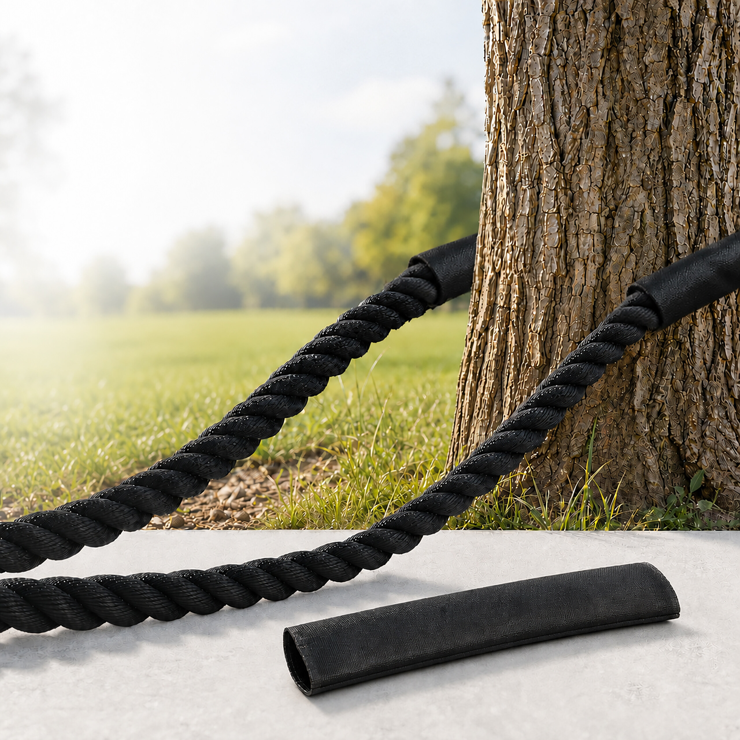Schwarze Fitnessseile sind um einen Baum im Freien gewickelt, im Vordergrund liegt ein einzelner Schutzbezug.