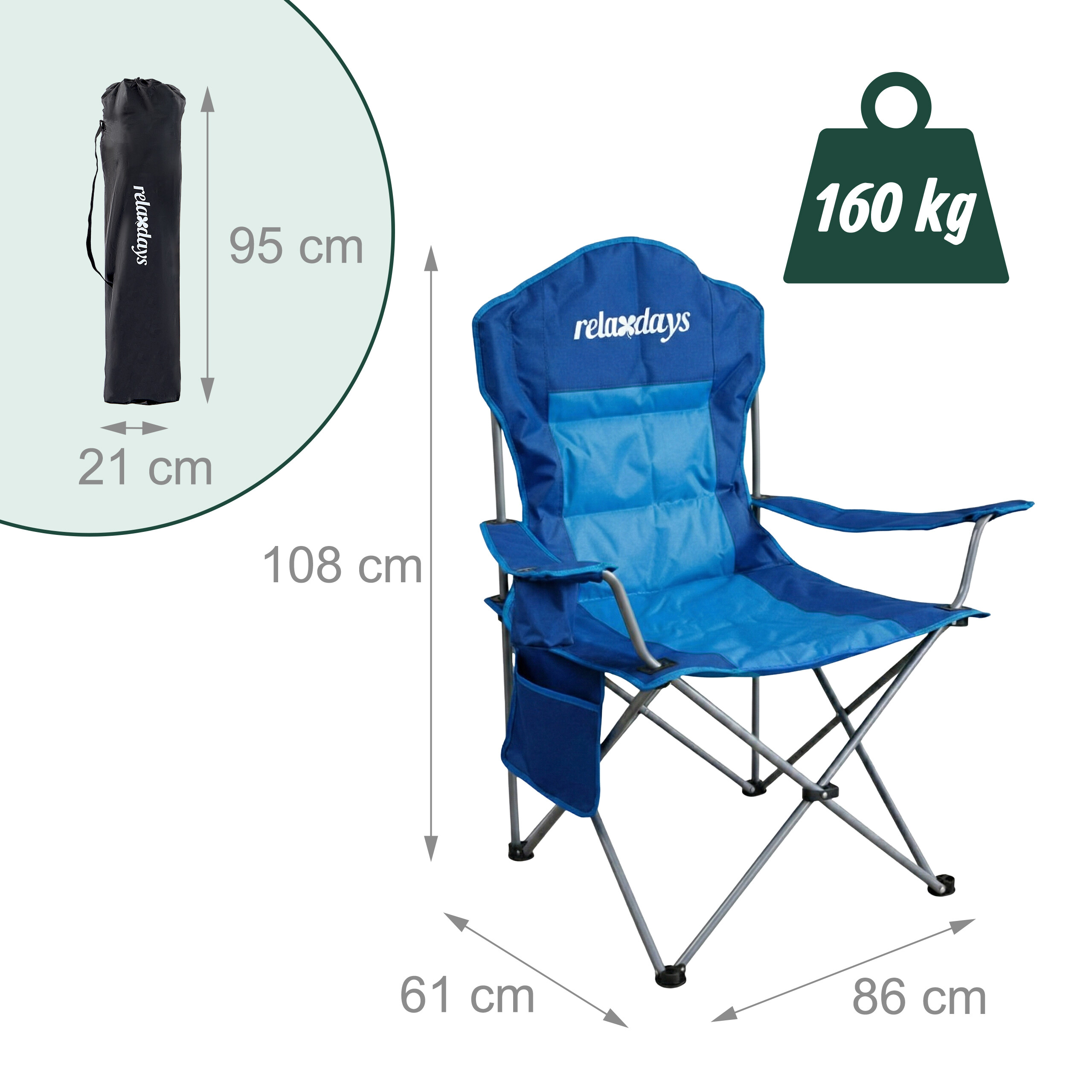 Blauer Klappstuhl mit Maßen, Tragetasche und Gewichtsbeschränkung von 160 kg.