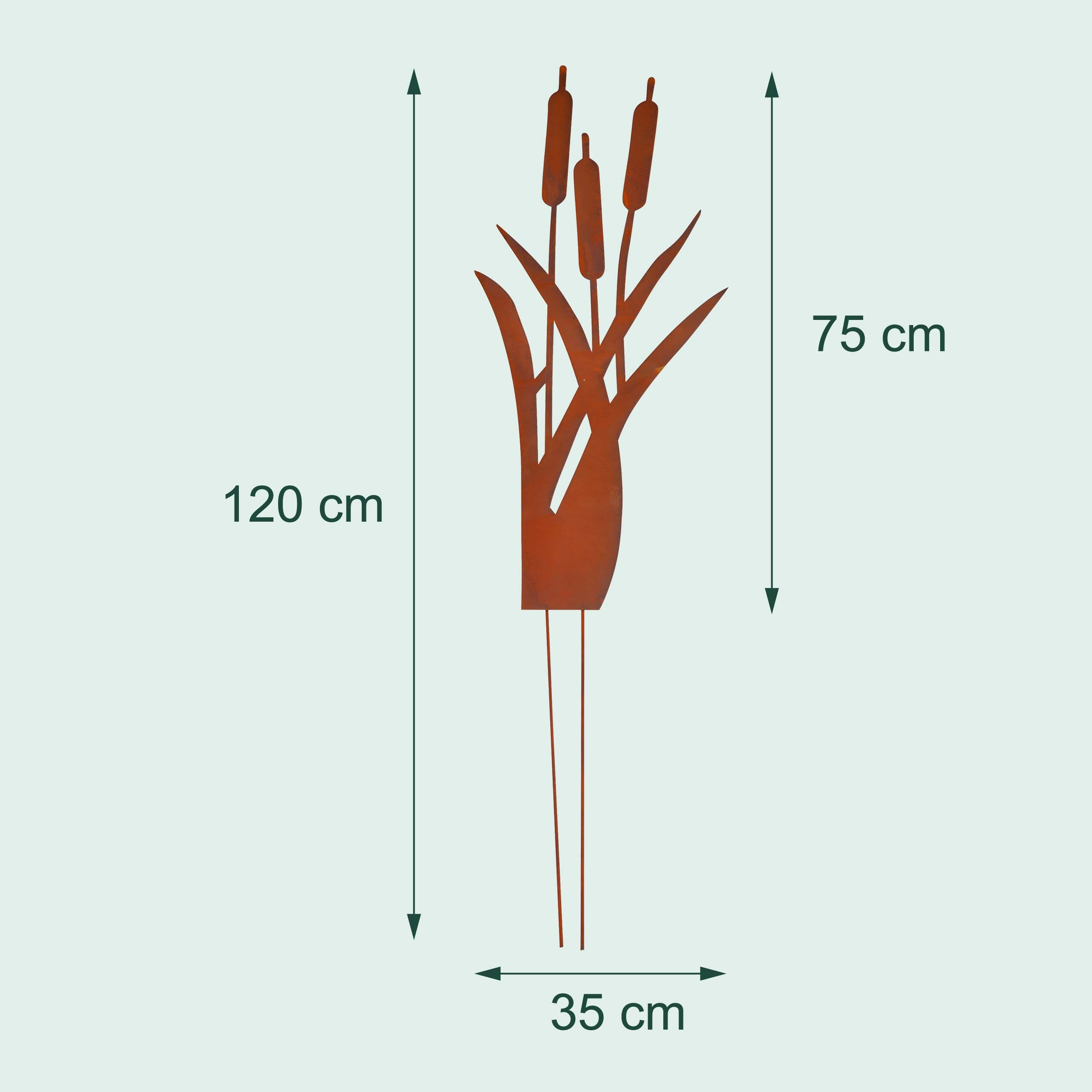 Rostfarbene Metall-Gartenkugeln mit Maßen von 120 cm Höhe, 75 cm Motiv und 35 cm Breite.