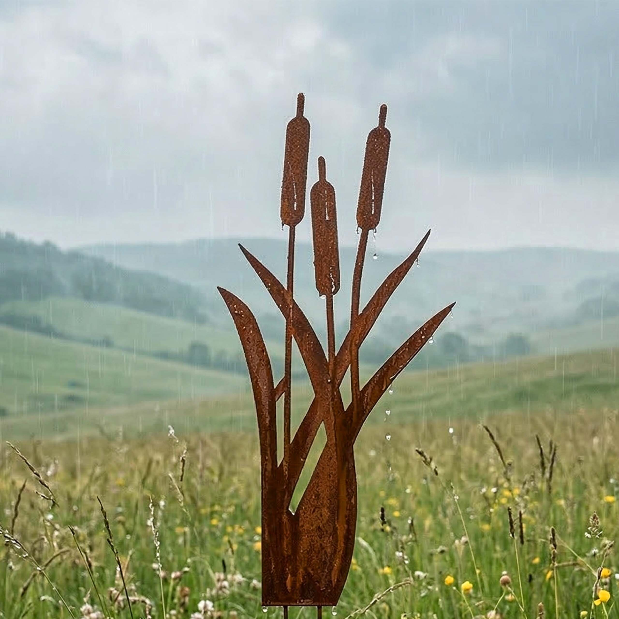 Rostige Metallskulptur von Schilfkolben im Regen vor einer grünen Hügellandschaft.