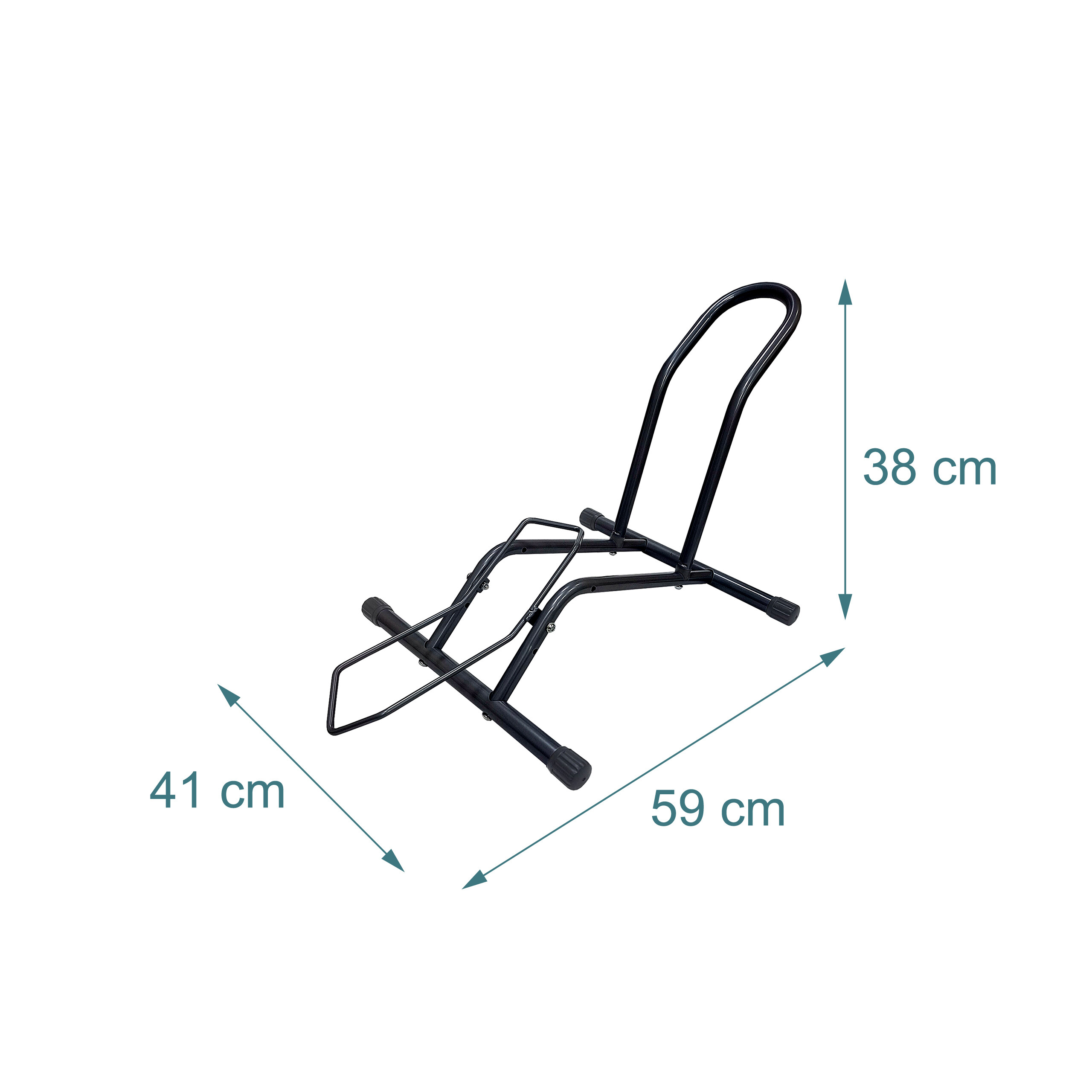 Schwarzer Fahrradständer mit Maßen von 59x41x38 cm auf weißem Hintergrund.