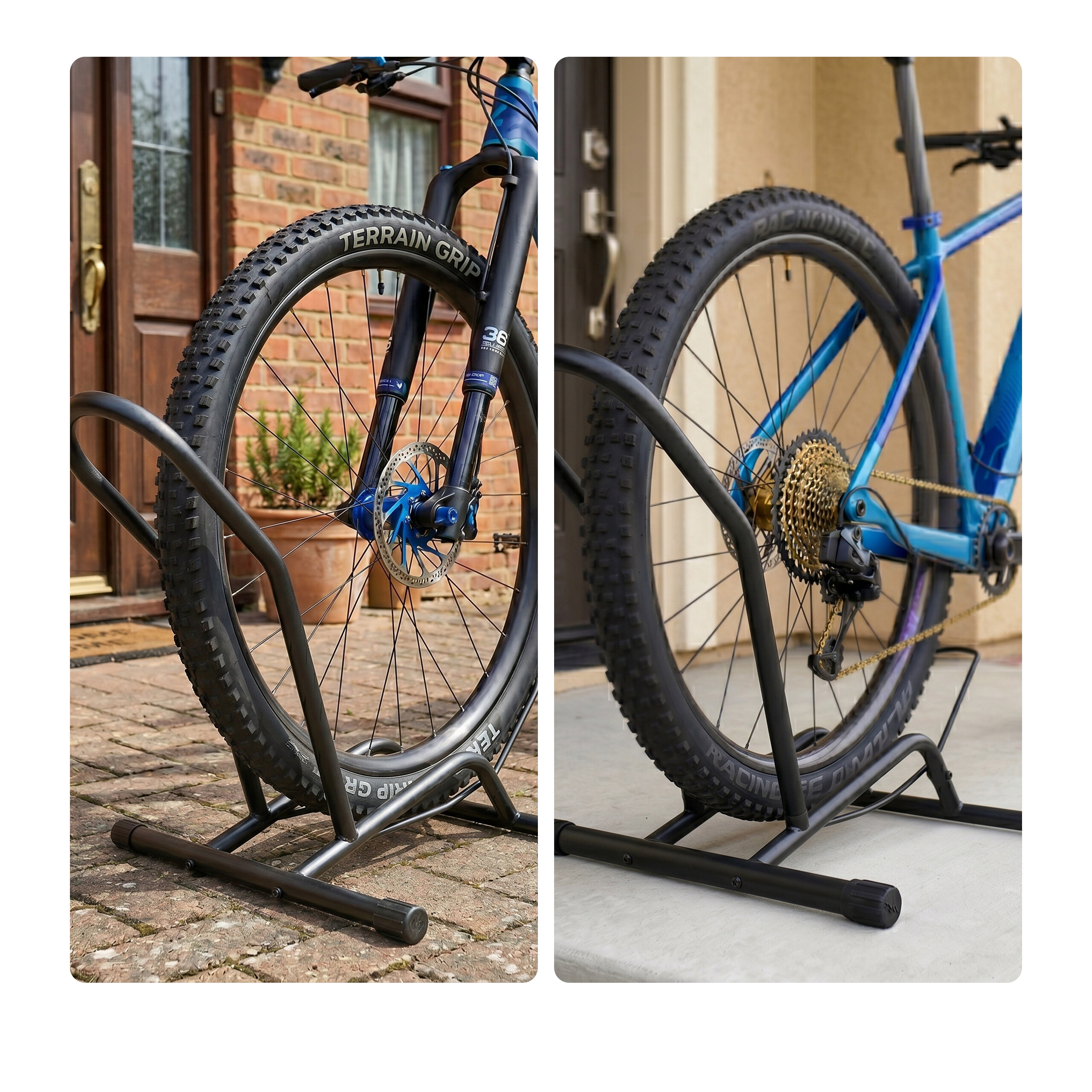 Zwei Fotos zeigen ein blaues Mountainbike auf einem schwarzen Fahrradständer, einmal das Vorder- und einmal das Hinterrad.