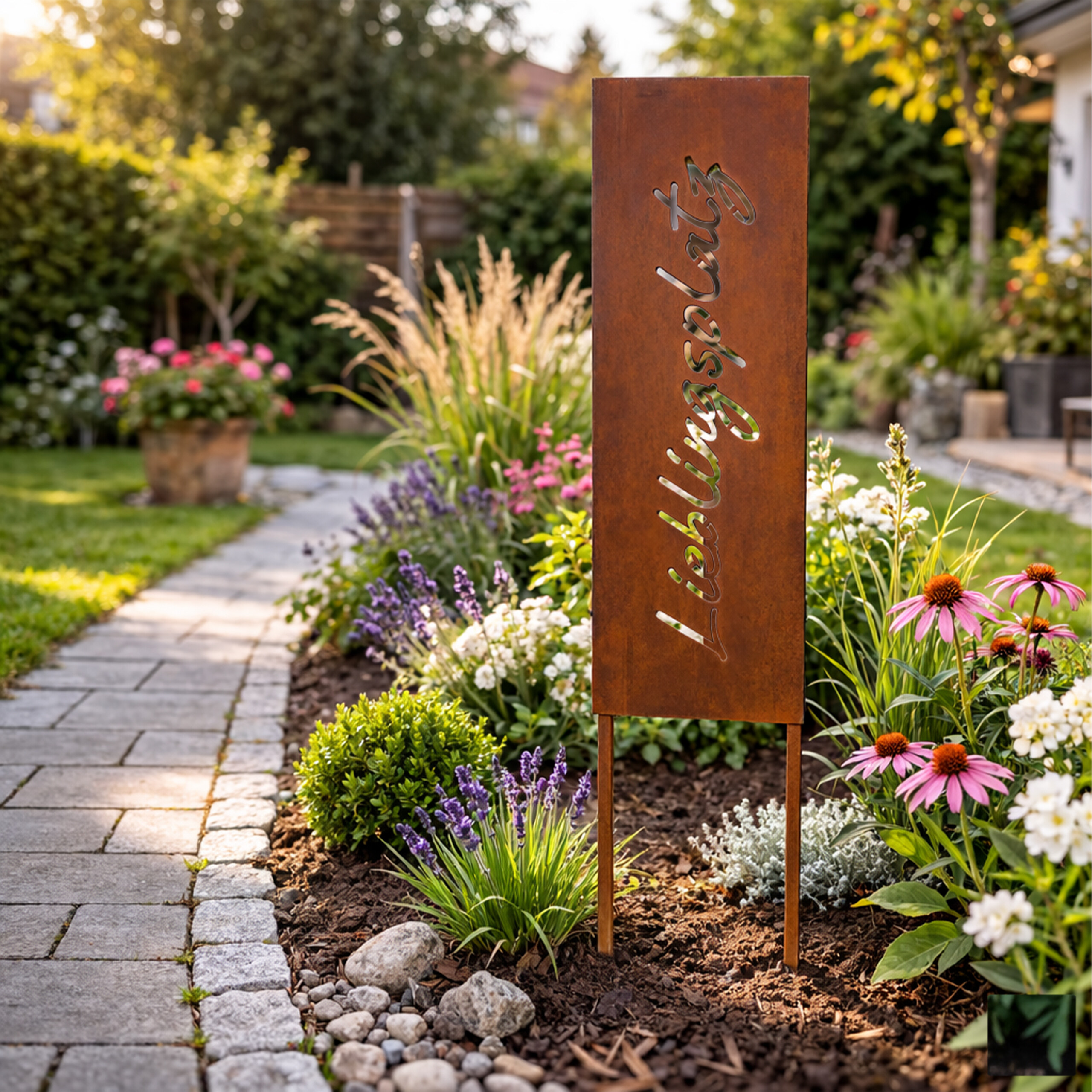 Rostiges Metallschild mit der Aufschrift 'Lieblingsplatz' in einem üppigen, blühenden Garten neben einem Steinweg.
