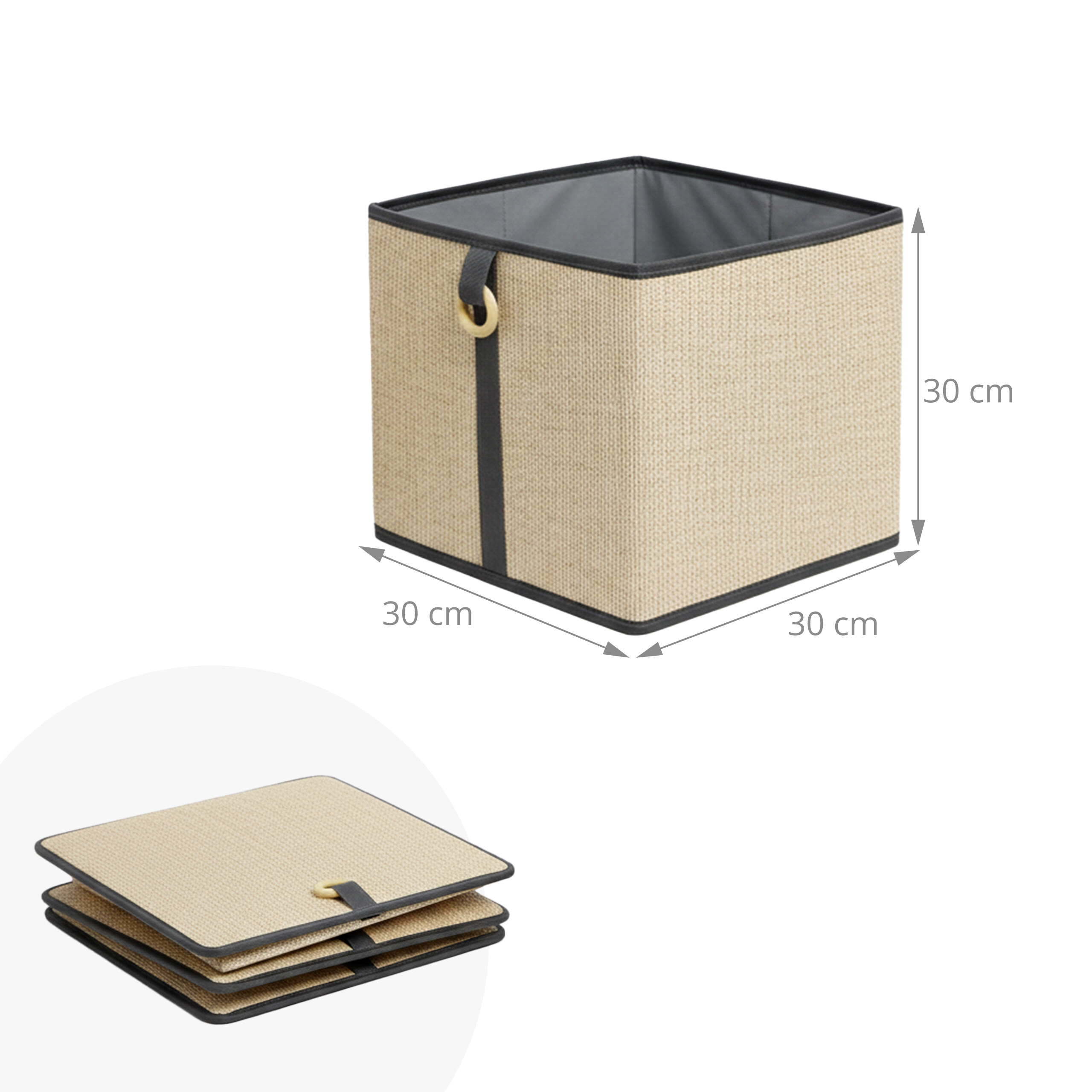 Beige, quadratische Aufbewahrungsbox, 30x30x30 cm, mit schwarzem Rand; unten ist sie im gefalteten Zustand zu sehen.