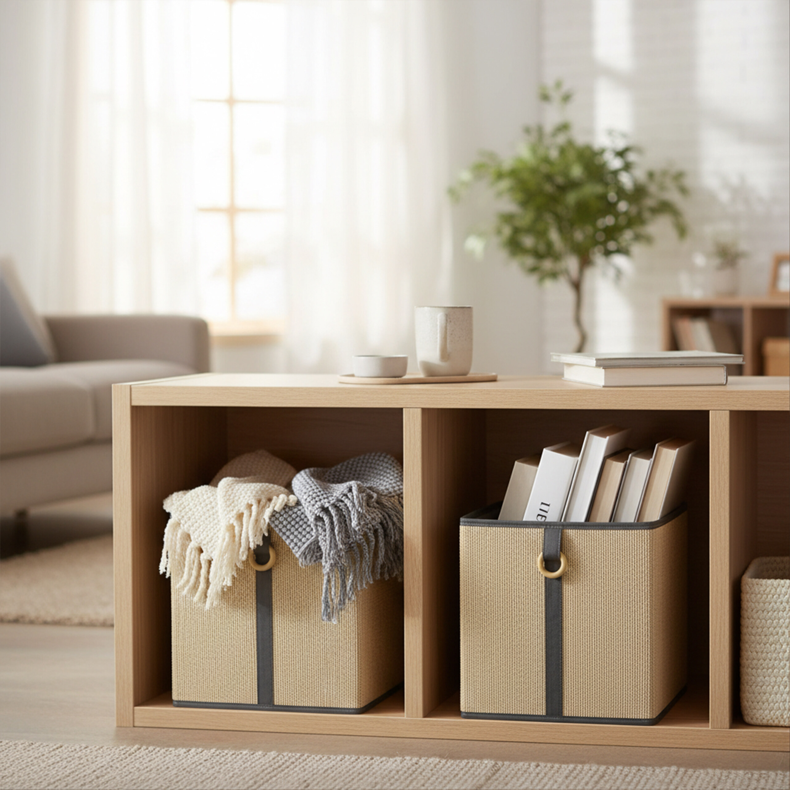 Ein Holzregal mit zwei Aufbewahrungsboxen gefüllt mit Decken und Büchern, oben stehen Tassen.