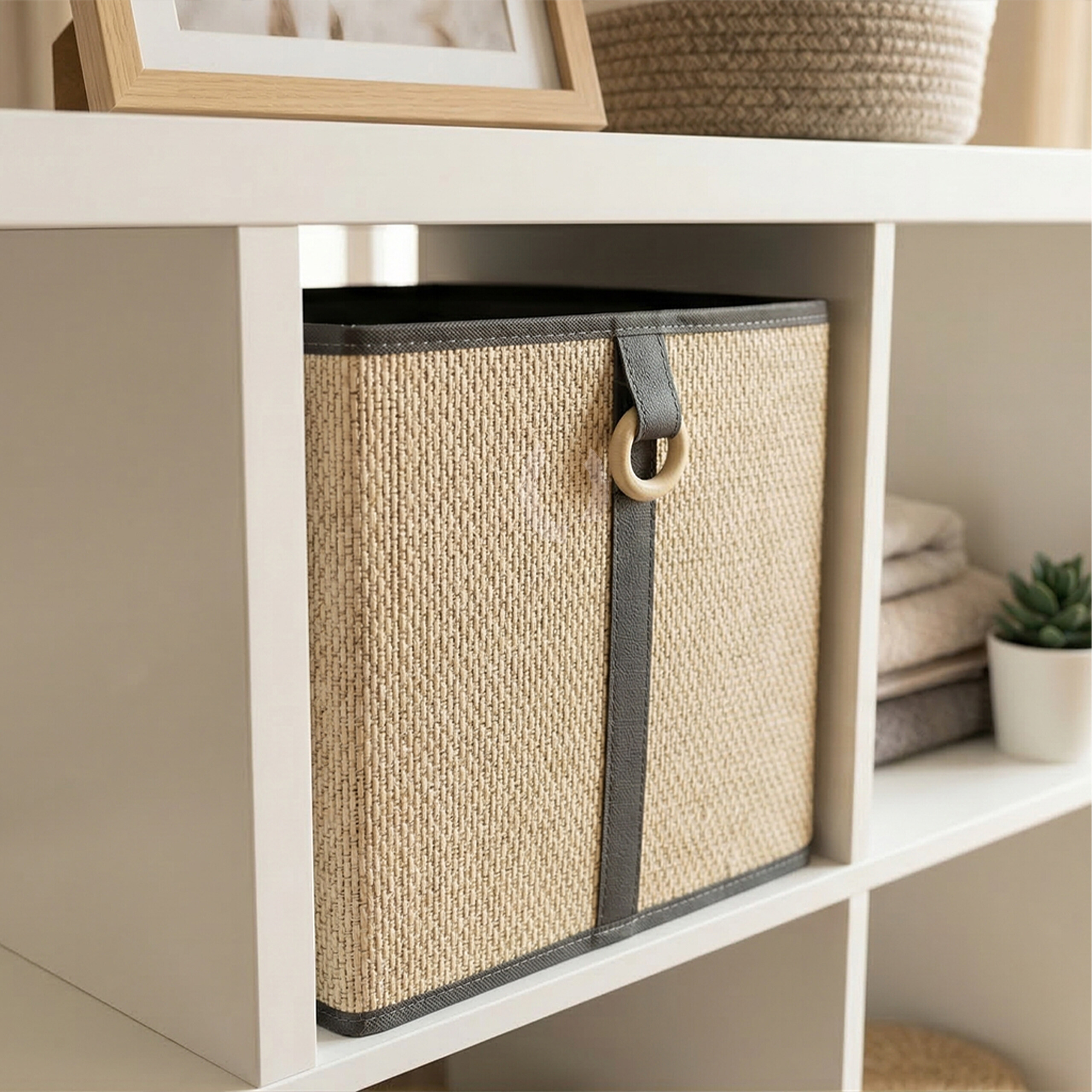 Ein beige gewebter Aufbewahrungskorb mit dunklem Riemen und Holzring steht auf einem weißen Regal.