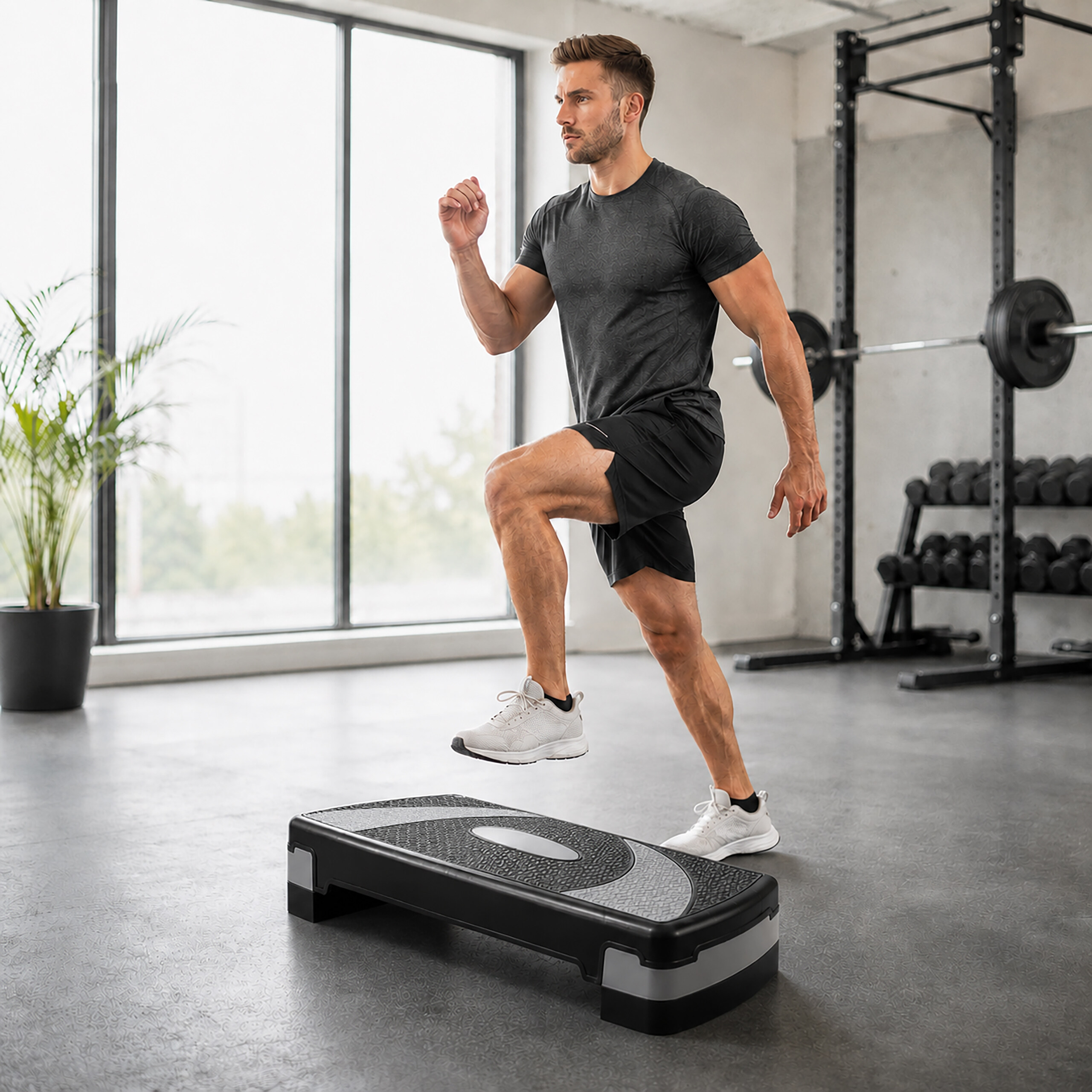 Ein Mann im Fitnessstudio steigt auf eine Aerobic-Plattform.