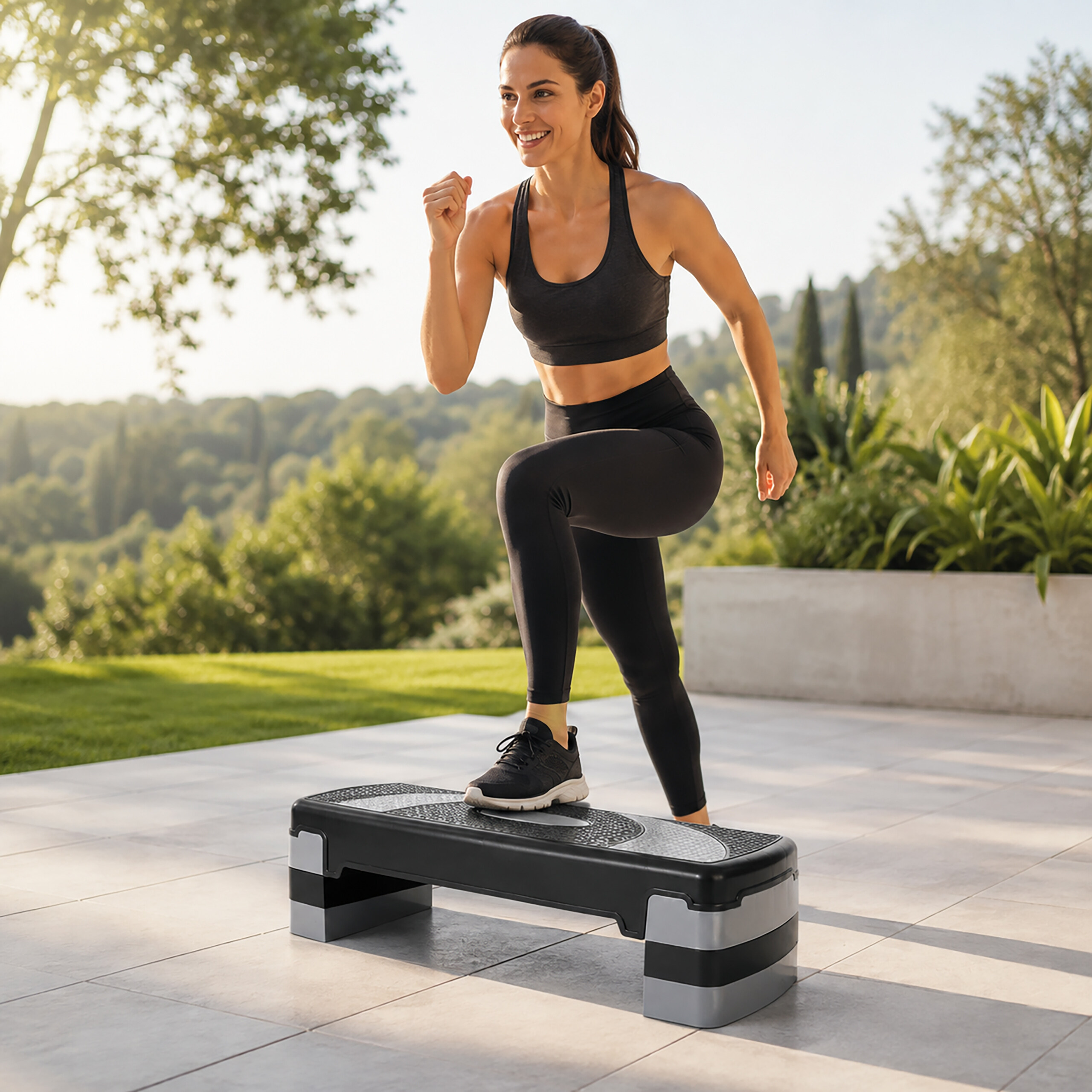 Eine Frau in Sportkleidung macht Step-Aerobic auf einer sonnigen Terrasse mit Bäumen im Hintergrund.