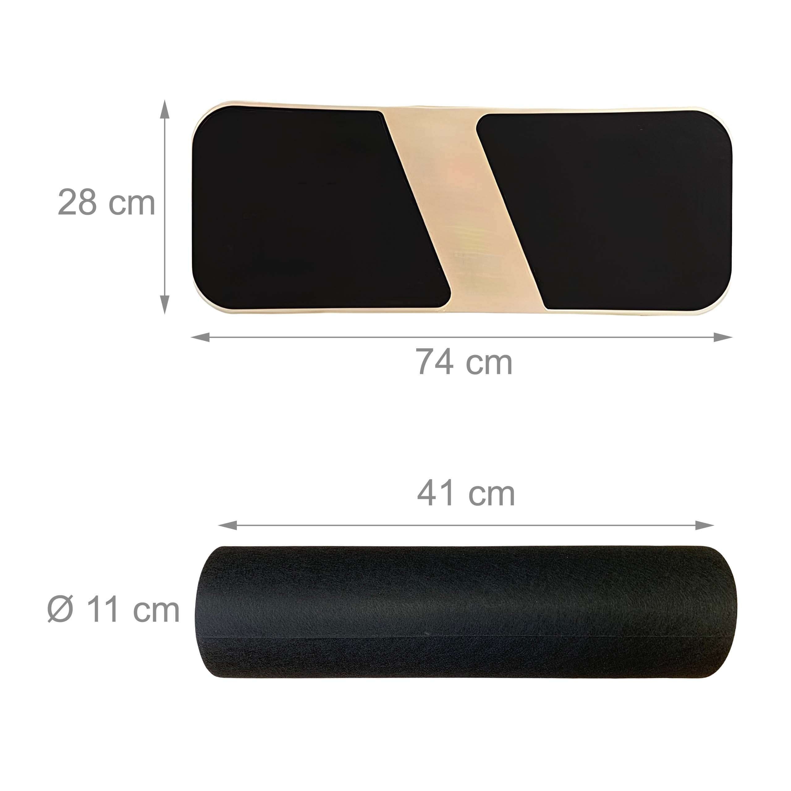 Diagramm zeigt eine gebogene Matte (74x28 cm) und eine schwarze Rolle (41 cm lang, 11 cm Durchmesser).