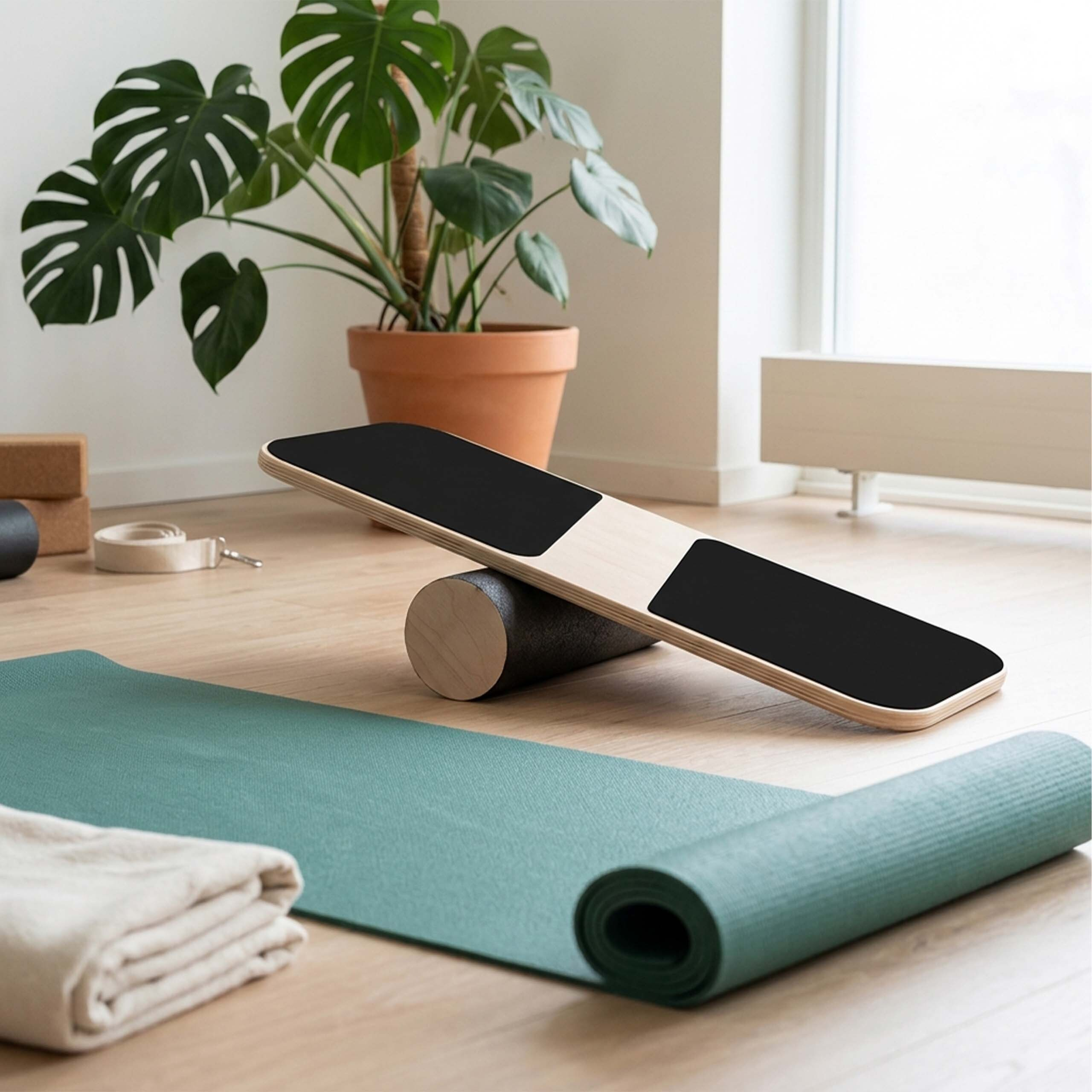Ein Balanceboard auf einer Schaumstoffrolle liegt auf einem Holzfussboden neben einer Yoga-Matte und einer Pflanze.