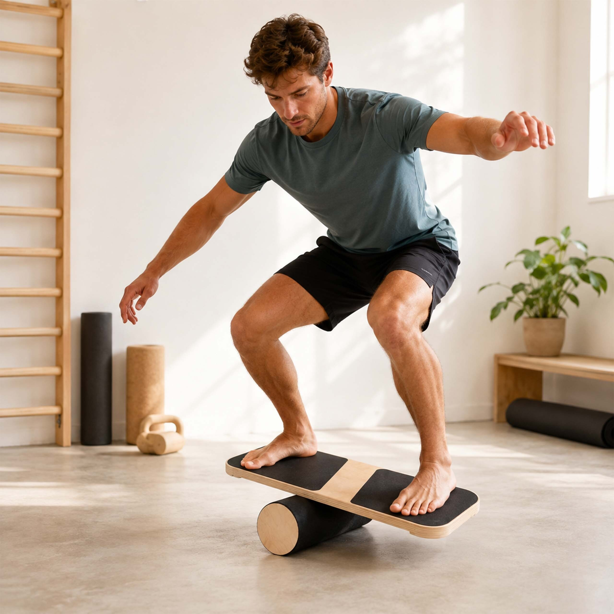 Ein Mann balanciert barfuß auf einem hölzernen Balancebrett mit einer Walze in einem hellen Fitnessraum.