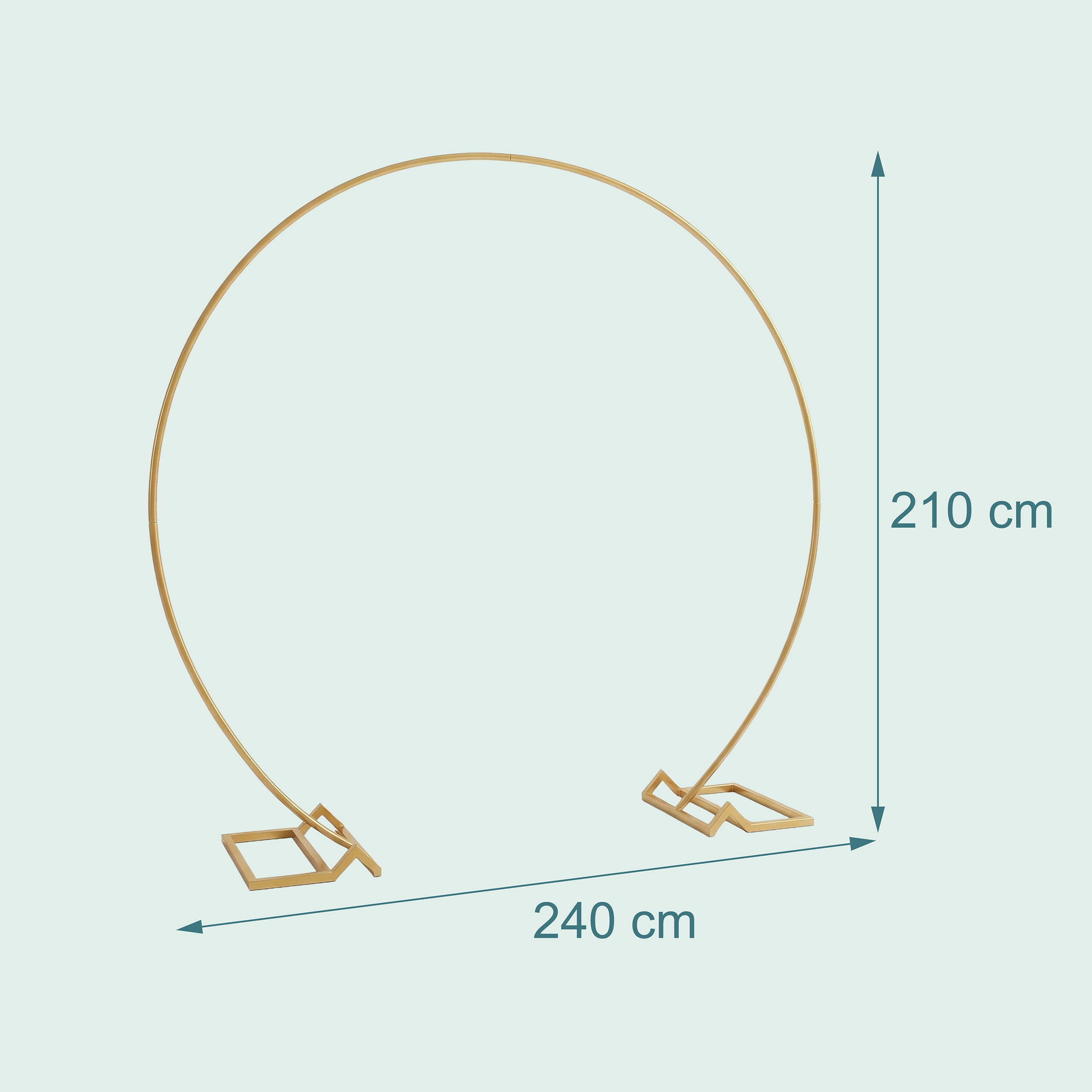 Goldener runder Bogen mit Ständern, 210 cm hoch und 240 cm breit.