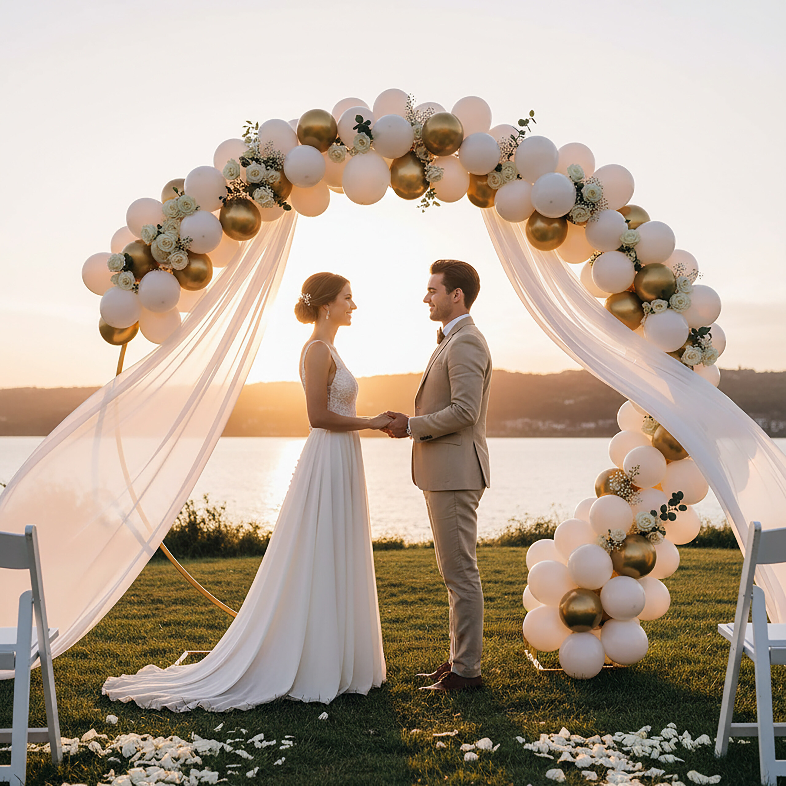 Eine Braut in Weiß und ein Bräutigam in Beige halten Hände unter einem Blumen- und Ballonbogen am Wasser bei Sonnenuntergang.