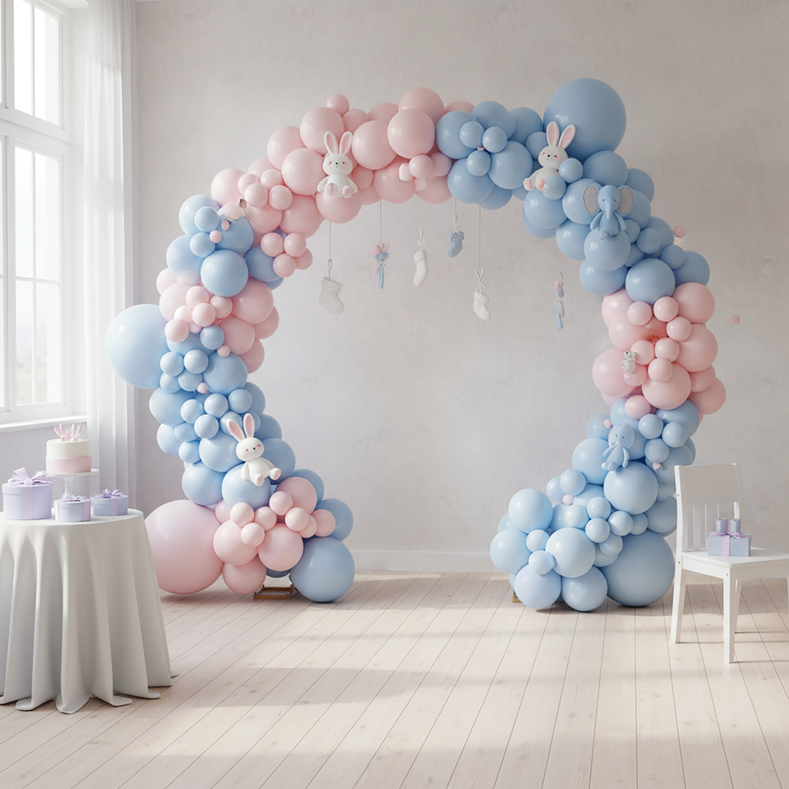 Ein Raum mit einem rosa-blauen Ballonbogen, einem Kuchentisch links und einem weißen Stuhl rechts.