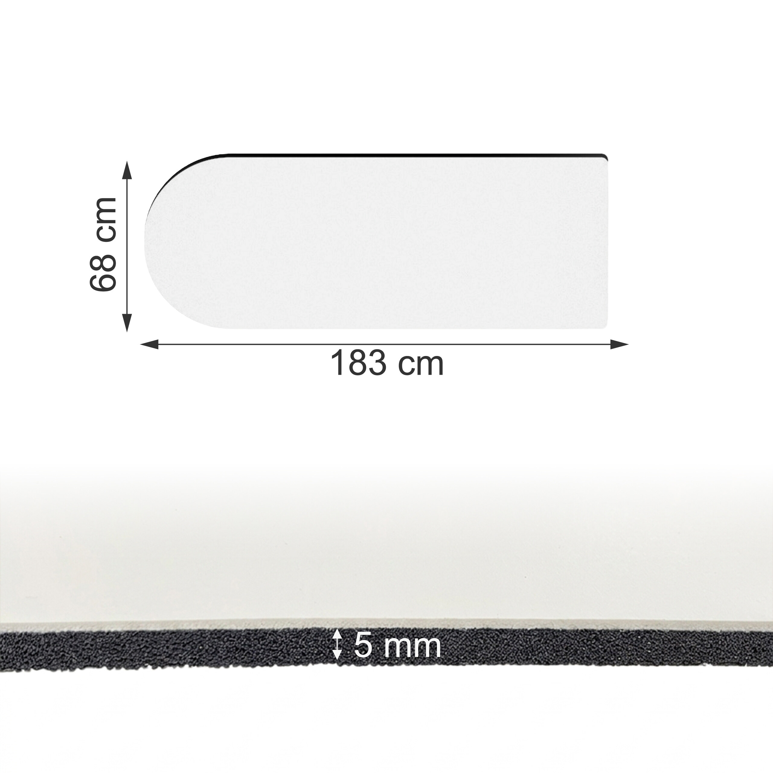 Diagramm einer 183x68 cm großen Matte mit einer Dicke von 5 mm.