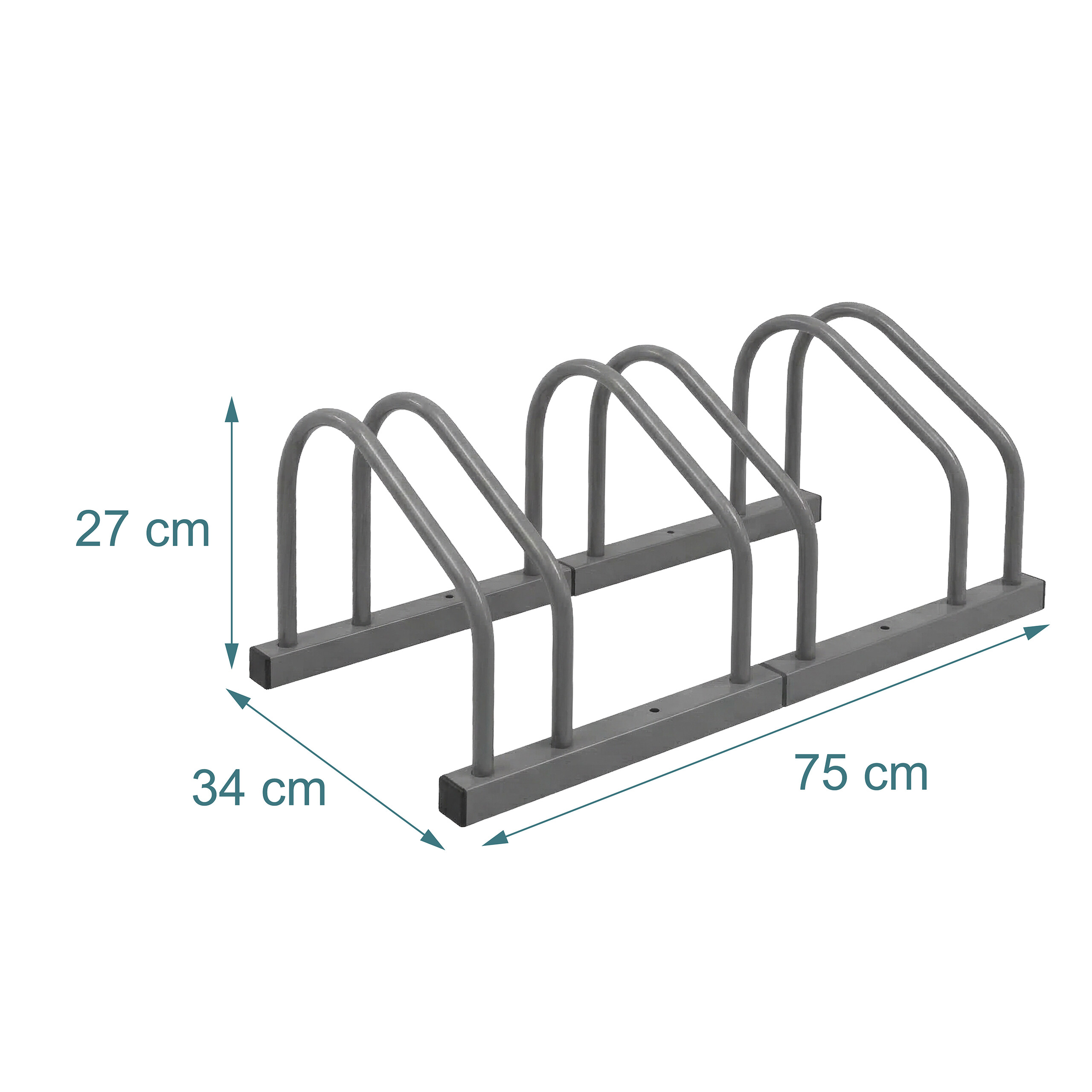 Grauer Metallfahrradständer für drei Fahrräder mit Maßen: 27 cm Höhe, 34 cm Breite, 75 cm Länge.