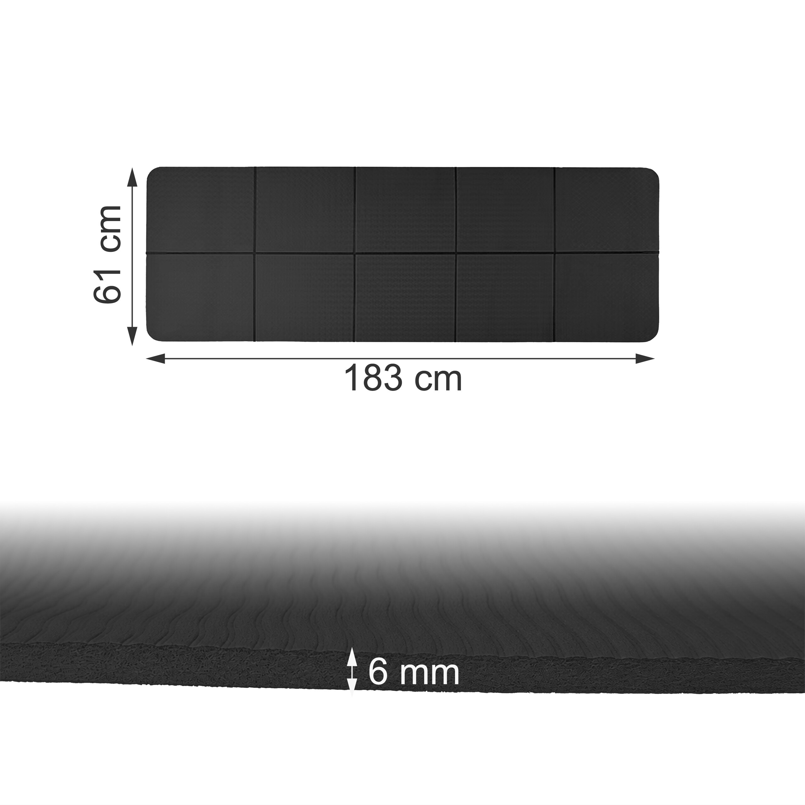 Schwarze Yogamatte mit den Maßen 183x61 cm und einer Dicke von 6 mm, inklusive Maßangaben.