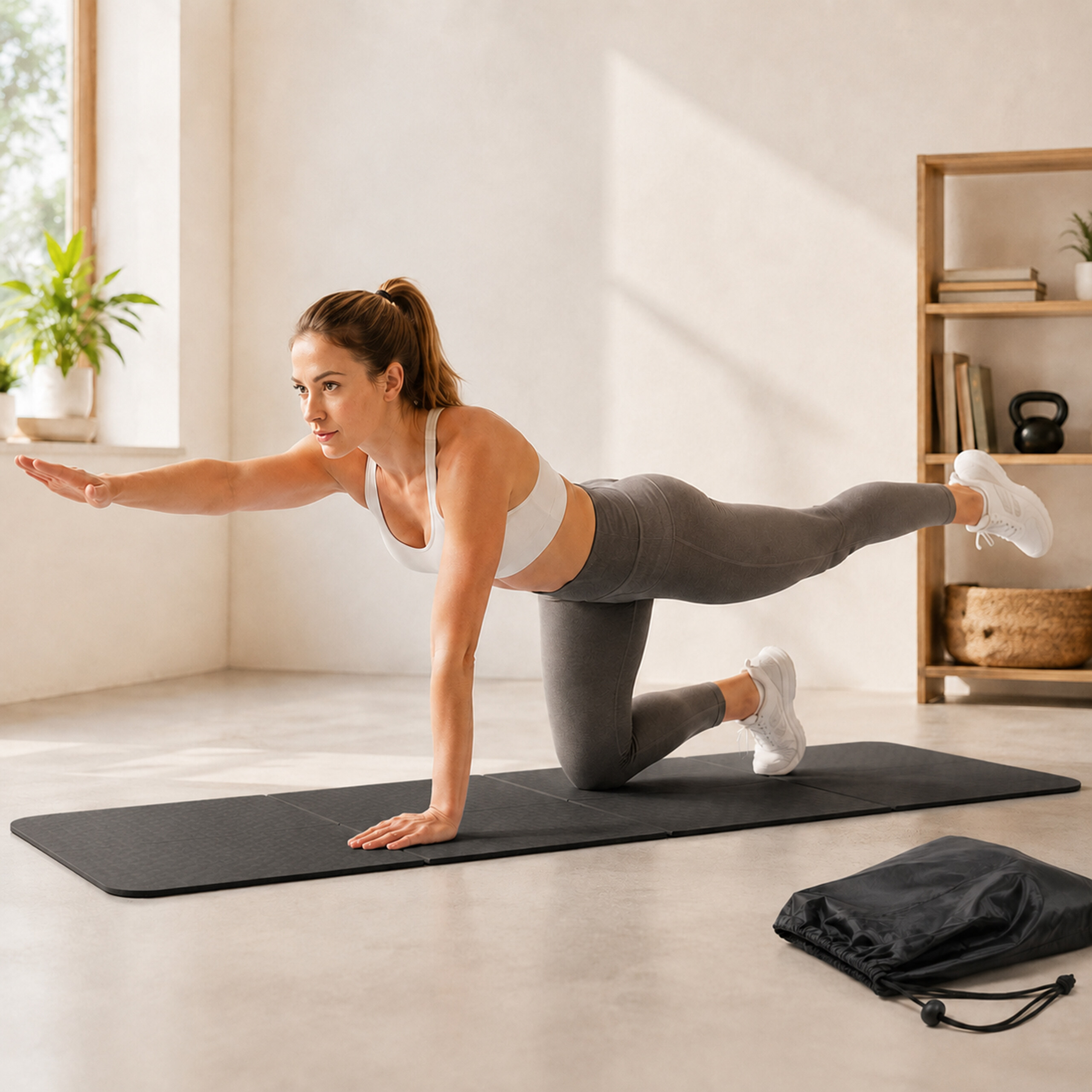 Eine Frau in Sportkleidung macht Yoga im Vierfüßlerstand auf einer Matte.