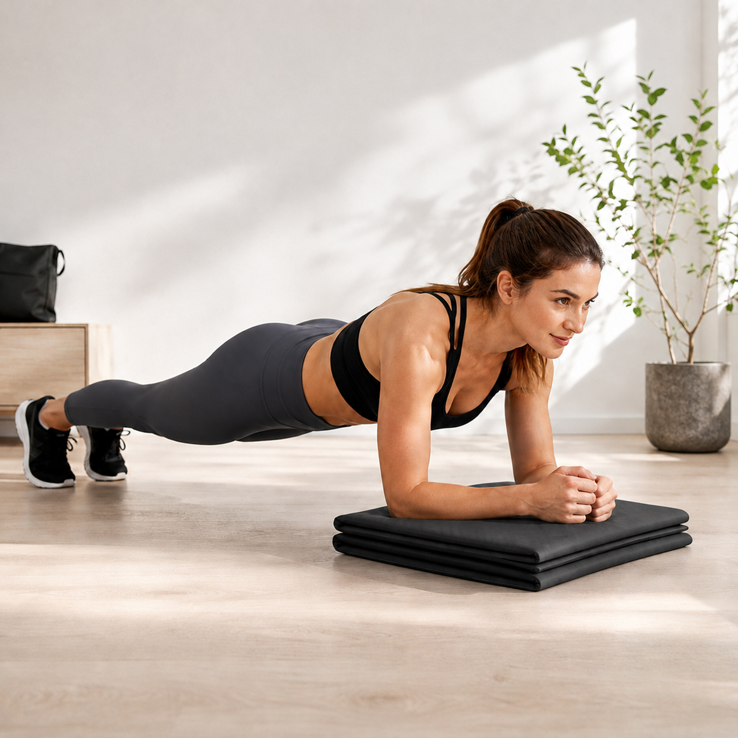 Eine Frau in Sportkleidung macht in einem hellen Raum eine Plank-Übung auf einer gefalteten Matte.