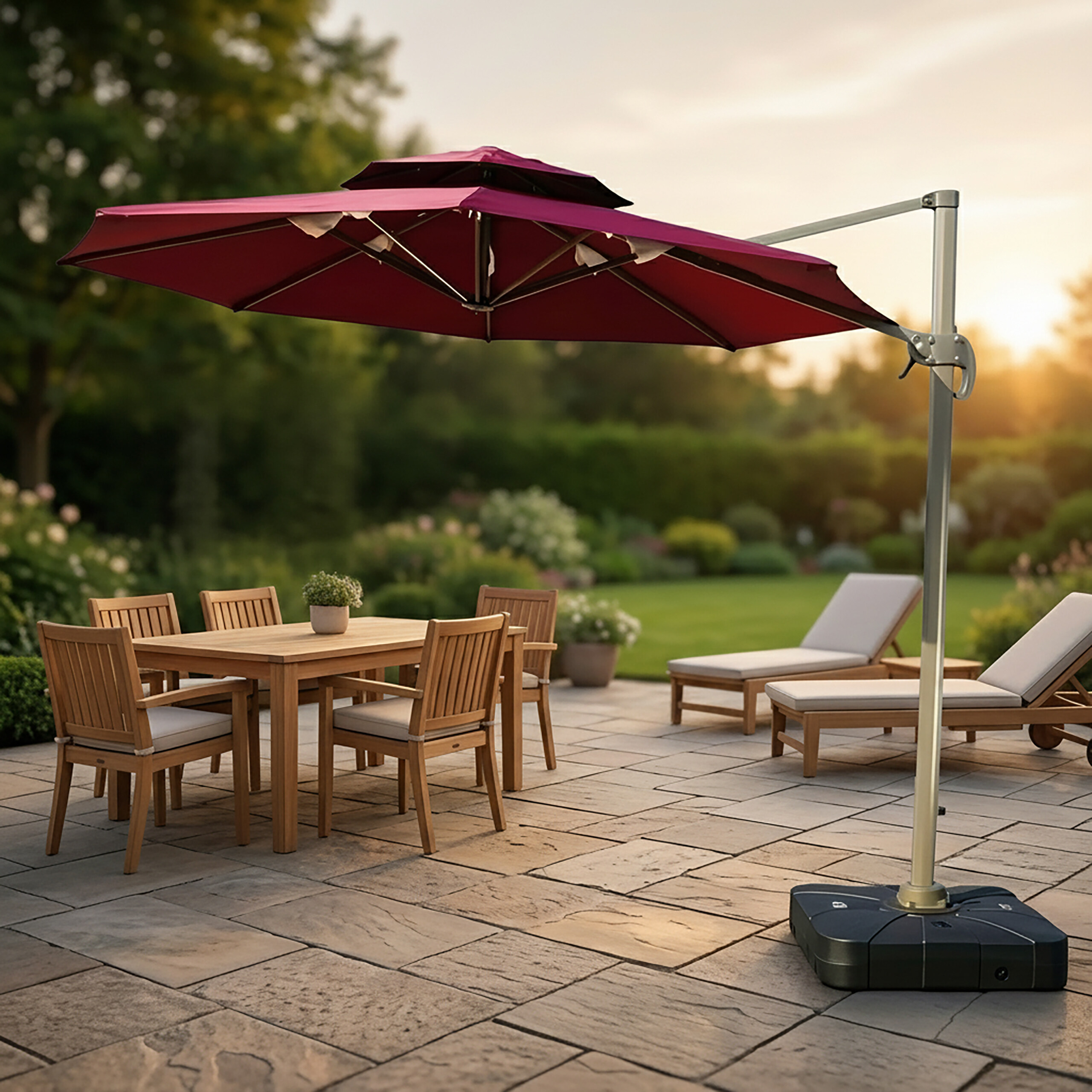 Ein großer roter Ampelschirm auf einer Terrasse mit Holztischen und Liegen im Garten.